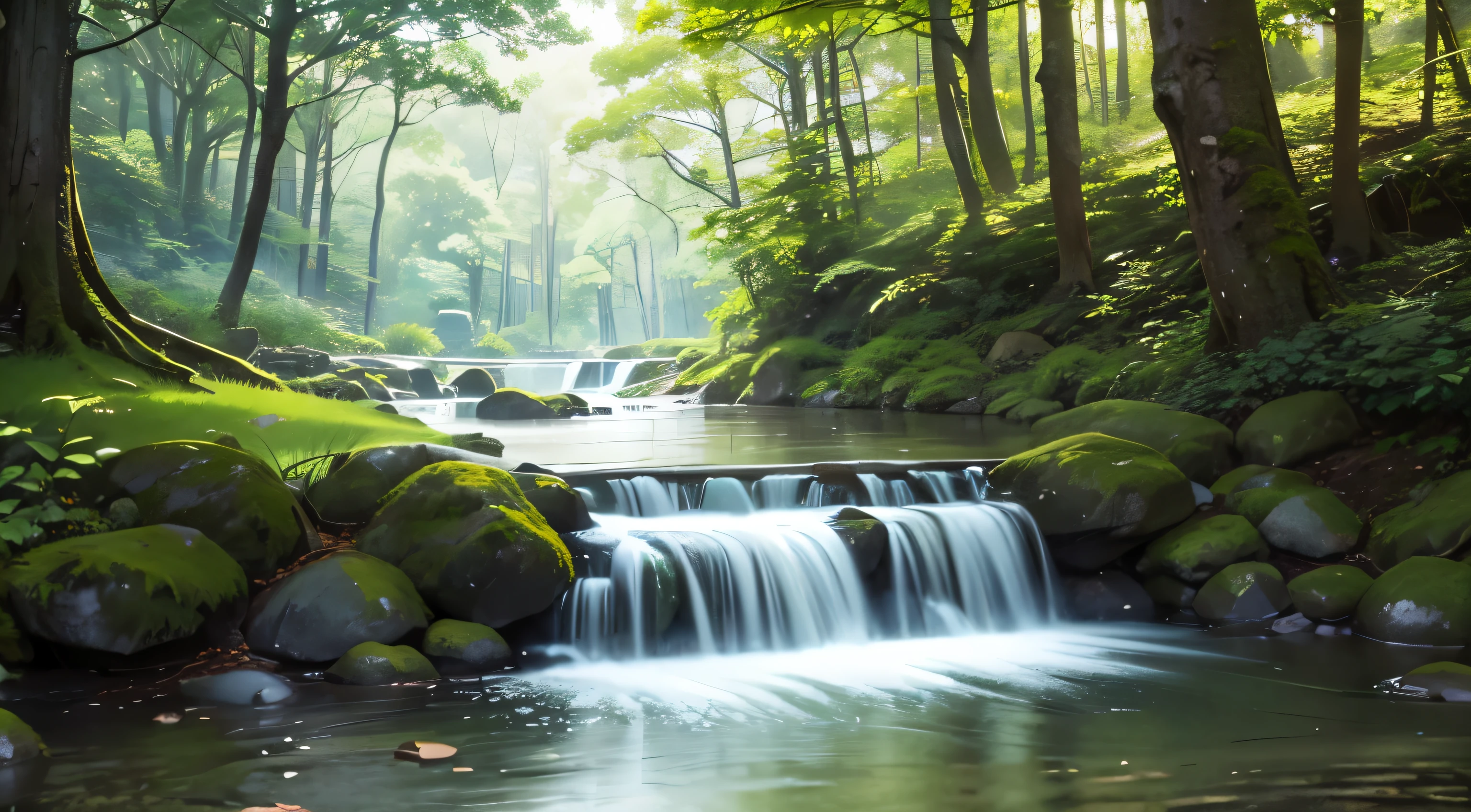 I took a photo of a peaceful moment spent in nature..。wood々Imagine a peaceful landscape bathed in soft morning light.。.。a gentle meandering stream、Surrounded by lush greenery。The overall atmosphere is calm and connected to the natural world.、Highlights the beauty and serenity of outdoor moments。
