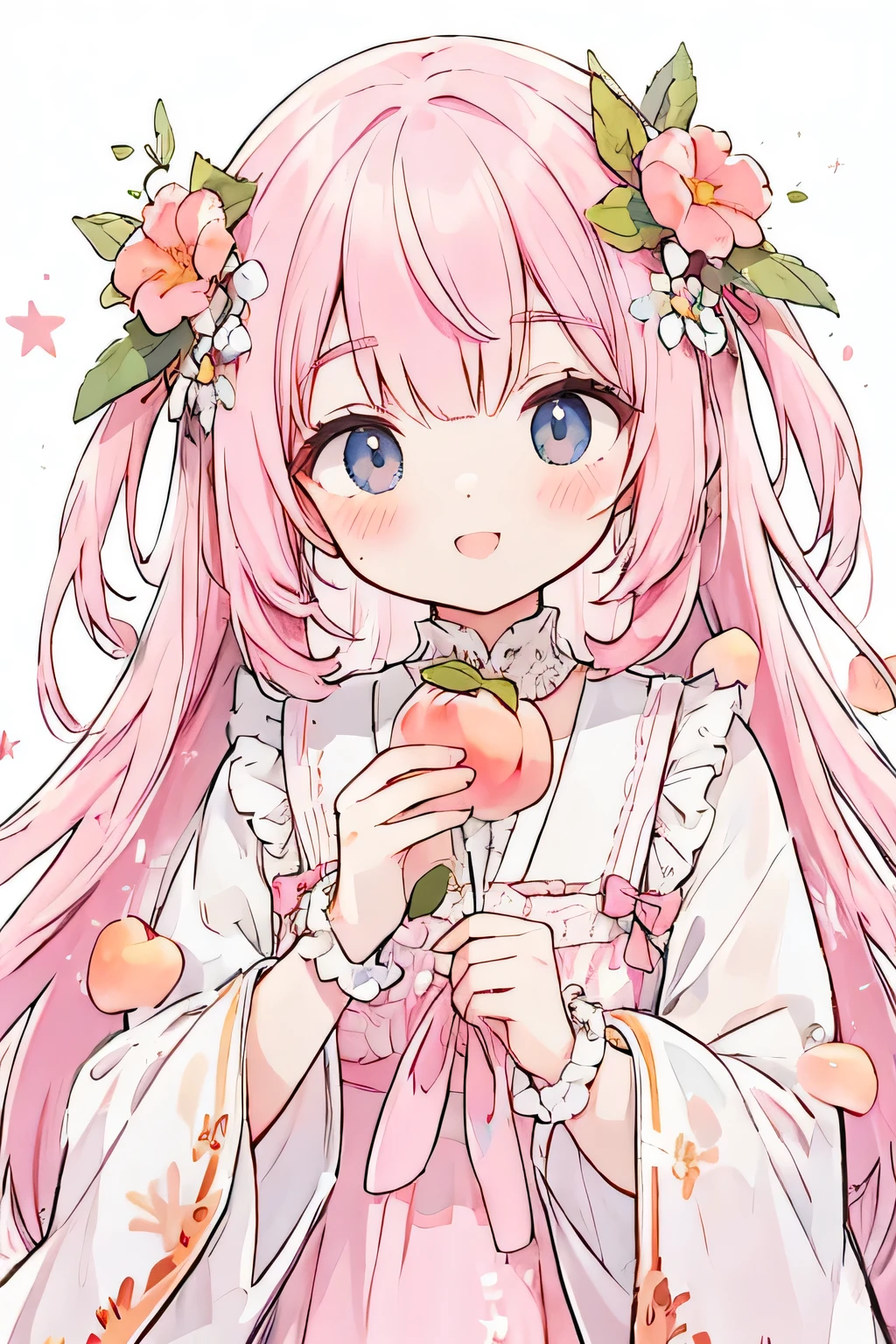 absurd, High resolution, (anime style:1.1), ((highest quality)), (Super detailed), (beautiful)、(lift),cute、holding a peach in your hand、Peach on the background,pink hair color、Holding up a peach,smile
