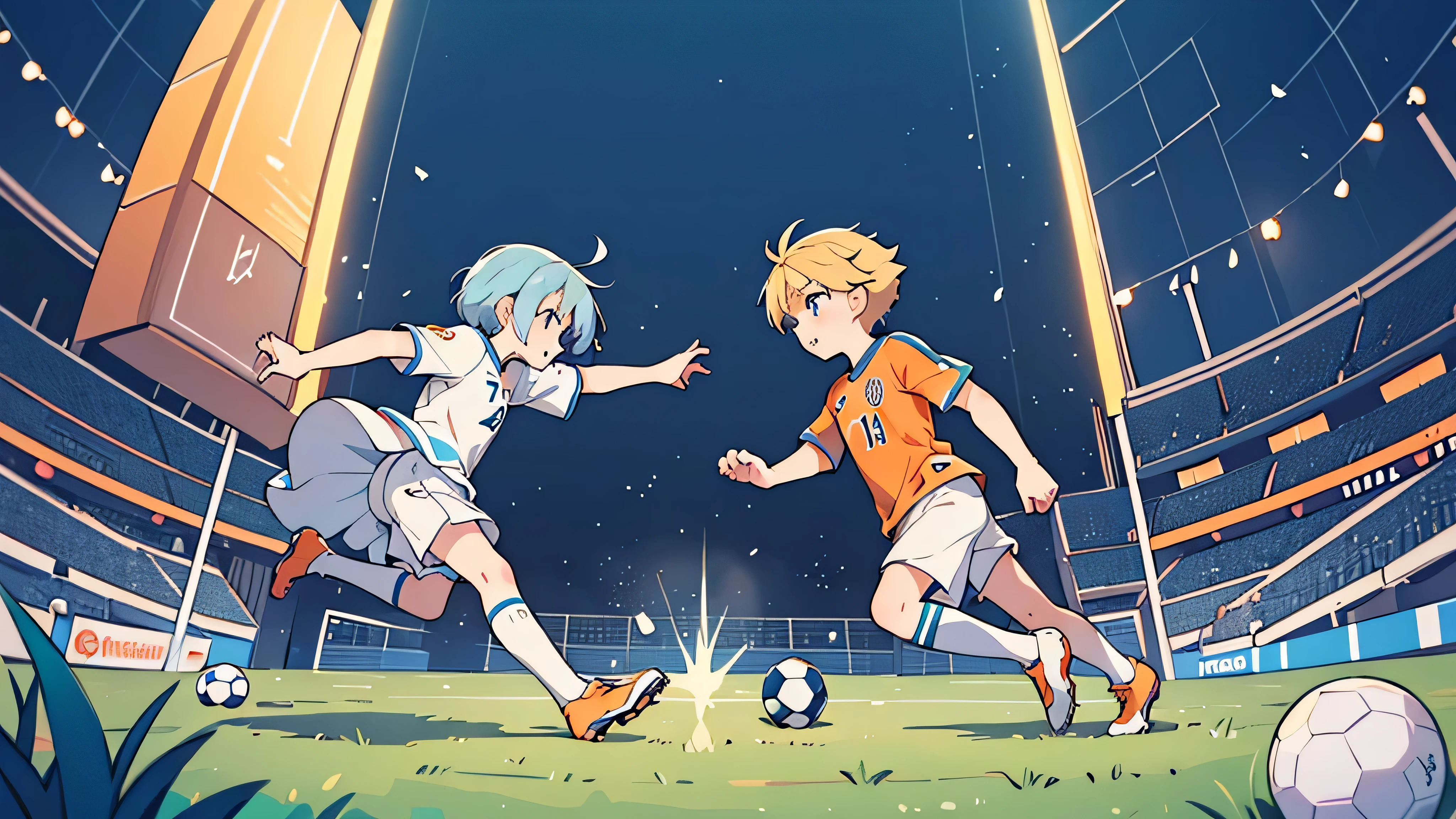 Pretty, cute anime girl, orange soccer jersey, medium length blonde hair, and, a young tall handsome anime boy, light blue and white soccer jersey, with medium length light blue hair, playing against each other on a soccer field, lots of details,