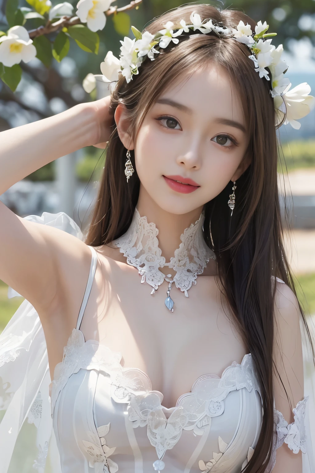 best quality、tmasterpiece、ultra high resolution、actual、1 girl、Glossy skin、((Surreal detailed))、Global photo、8K、Highly complex details、shinning eyes、highkey、pureerosfaceace_v1、A smile、Elegant pose、White ultra-thin transparent lace、Lots of flowers in the background