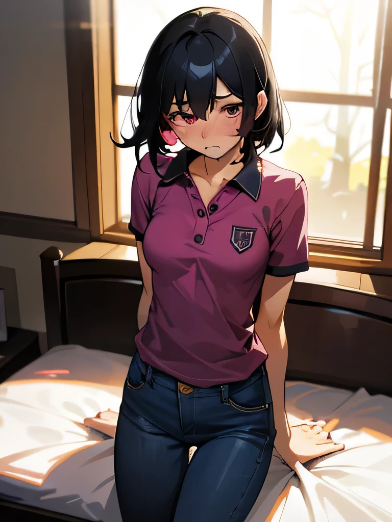 40&#39;Thin magenta polo shirt, no bra, lower body, Japanese, very short, no pubic hair, no panties, beautiful breasts, embarrassed, shy, worries, beautiful breasts, sitting on bed