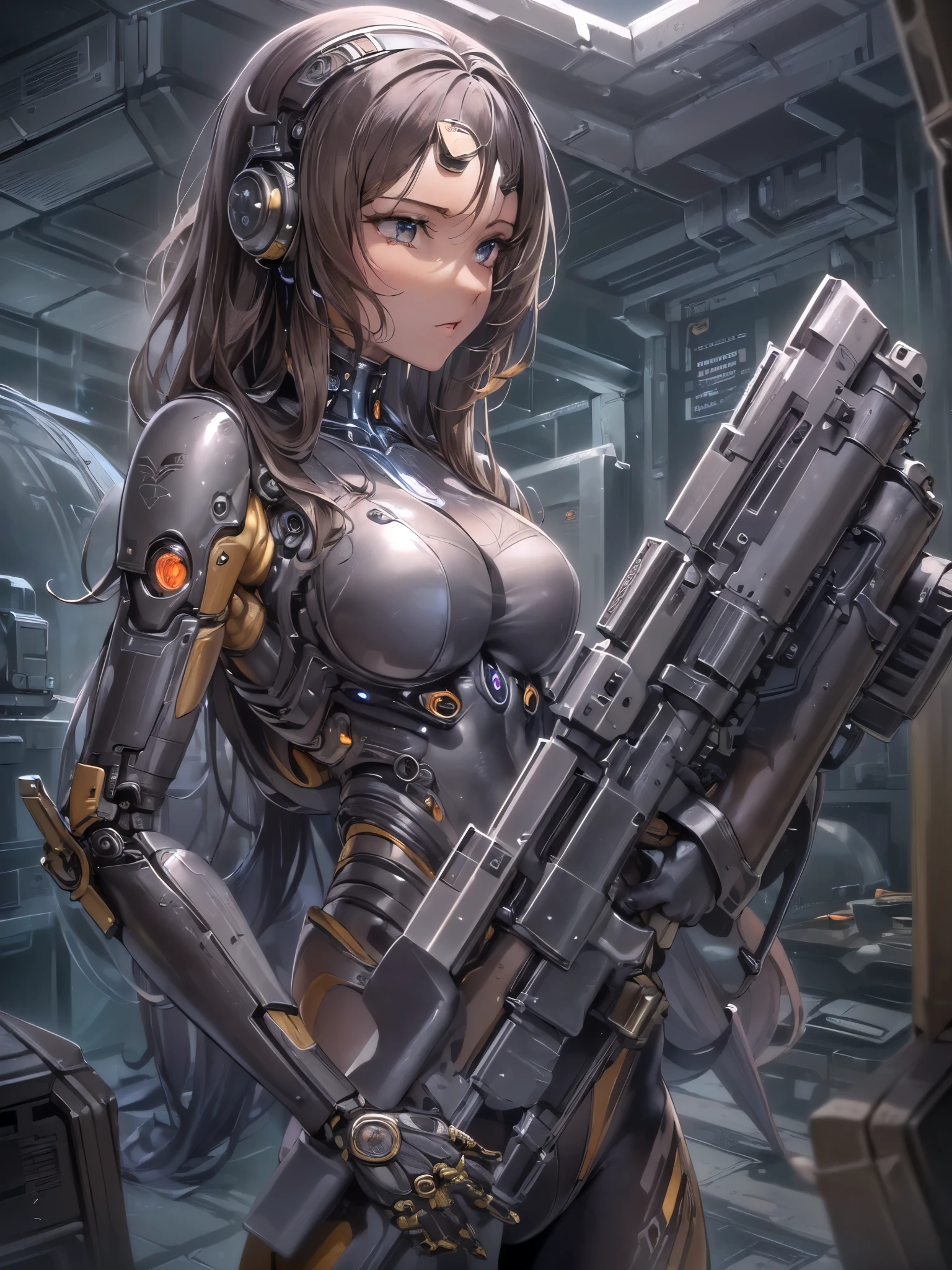 The highest image quality、Exceptional detail、超A high resolution、(真实感:1.4)、The best illustrations、Favor the details、Highly condensed 1girl、delicate and beautiful face、Dressed in black and red mechs、Colossal tits、Light Brown Fringe Hair、Braided hair、disheveled hair、Wide buttock、(Giant Cyber Robot:1.4)、turn、(The background is the battlefield of a futuristic city:1.4)、(emphasis on the buttocks:1.3)、