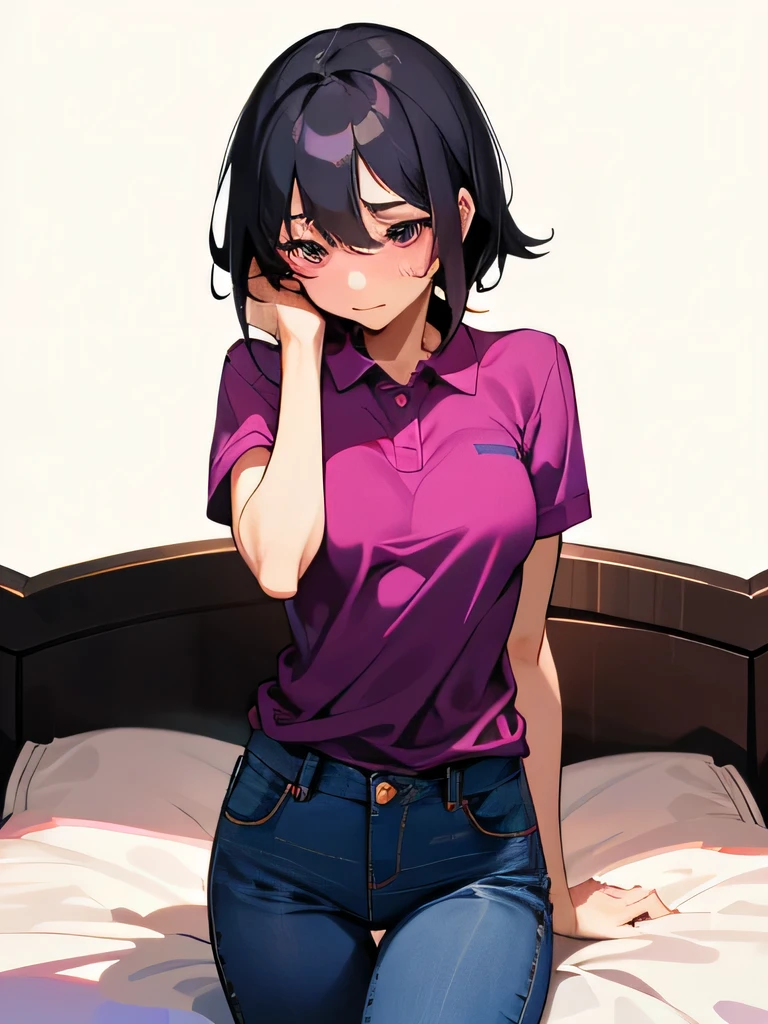 No bra, lower body, Japanese, very short, pubic hair, beautiful breasts, embarrassing, shyness, worries, beautiful breasts, black hair, arms, hands on face, magenta polo shirt, jeans, small breasts, short sleeves, do not put clothes in pants, bed, plain clothes