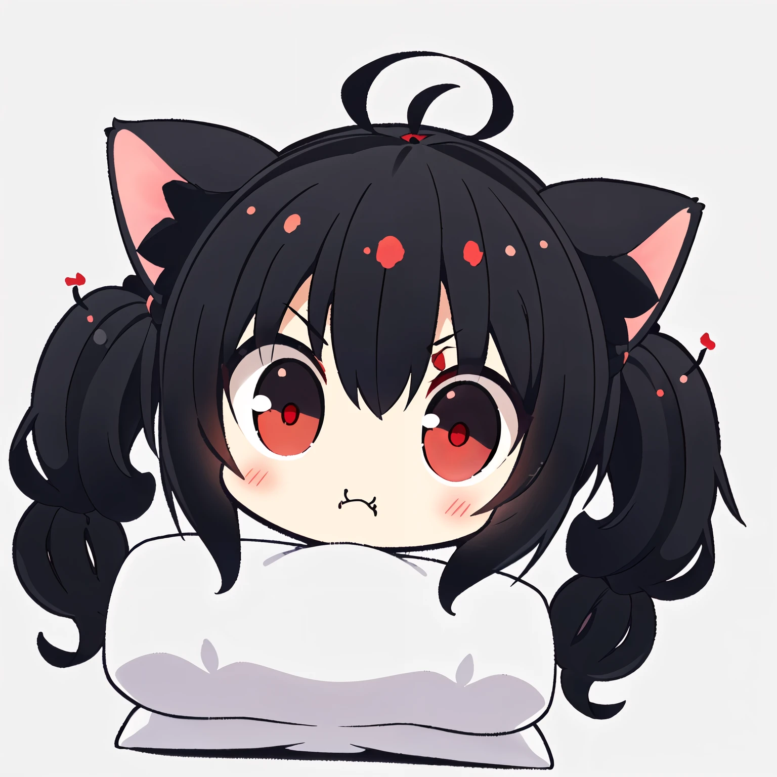 1girl, (chibi:1.4), (angry expression, annoyed, closed mouth), upper body, lying on bed, ((black pigtails with cat ears , red eyes)) , indoors