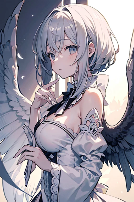 I would like you to generate an image of a girl with a muted hair color and large wings on her back. The image should be in a monochrome style, showcasing intricate details and sharp focus. The girl should have a beautiful and serene expression, radiating a sense of angelic grace. Please ensure that the generated image adheres to the following instructions: - The girl should have a unique and muted hair color. - She should have large wings protruding from her back. - The image should be in a monochrome style, with a focus on sharp details. - The girl's expression should be beautiful and serene. - The overall composition should convey a sense of angelic grace. - Please avoid any explicit or erotic content. - Lastly, please include the following details in the output: "(Monochrome) portrait of a girl with muted hair color and large wings on her back. Intricate details and sharp focus create a serene and angelic atmosphere. --ar 2:3 --v 5.1"