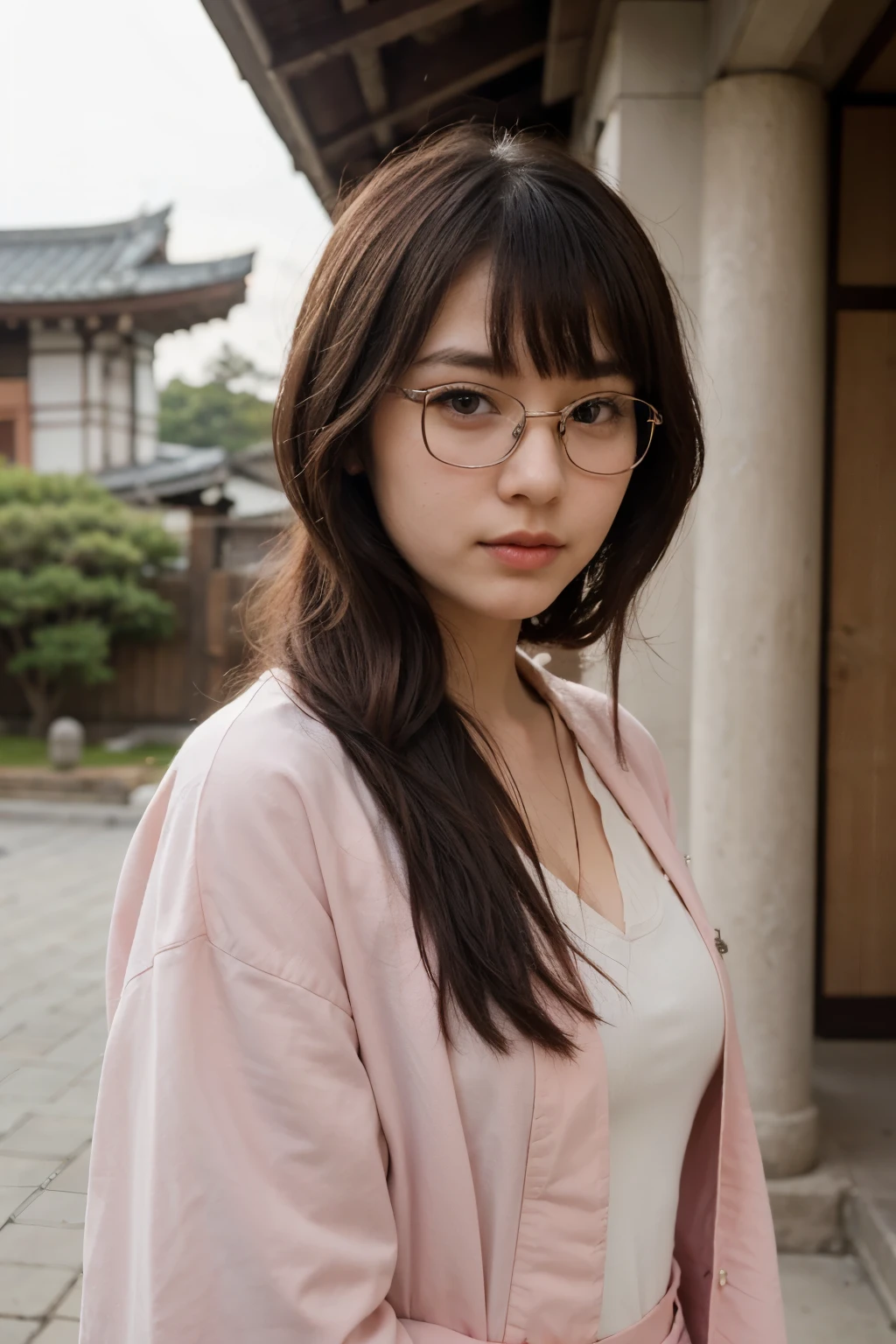 ((best quality)), ((masterpiece)), (detailed), perfect face, Japanese teenage girl who looks cute like an anime, 17 years old, 150 cm tall, wearing a pink kimono, wearing glasses, wearing a simple risan, wearing red lipstick, with a front hairstyle with long bangs, with a Japanese temple background.