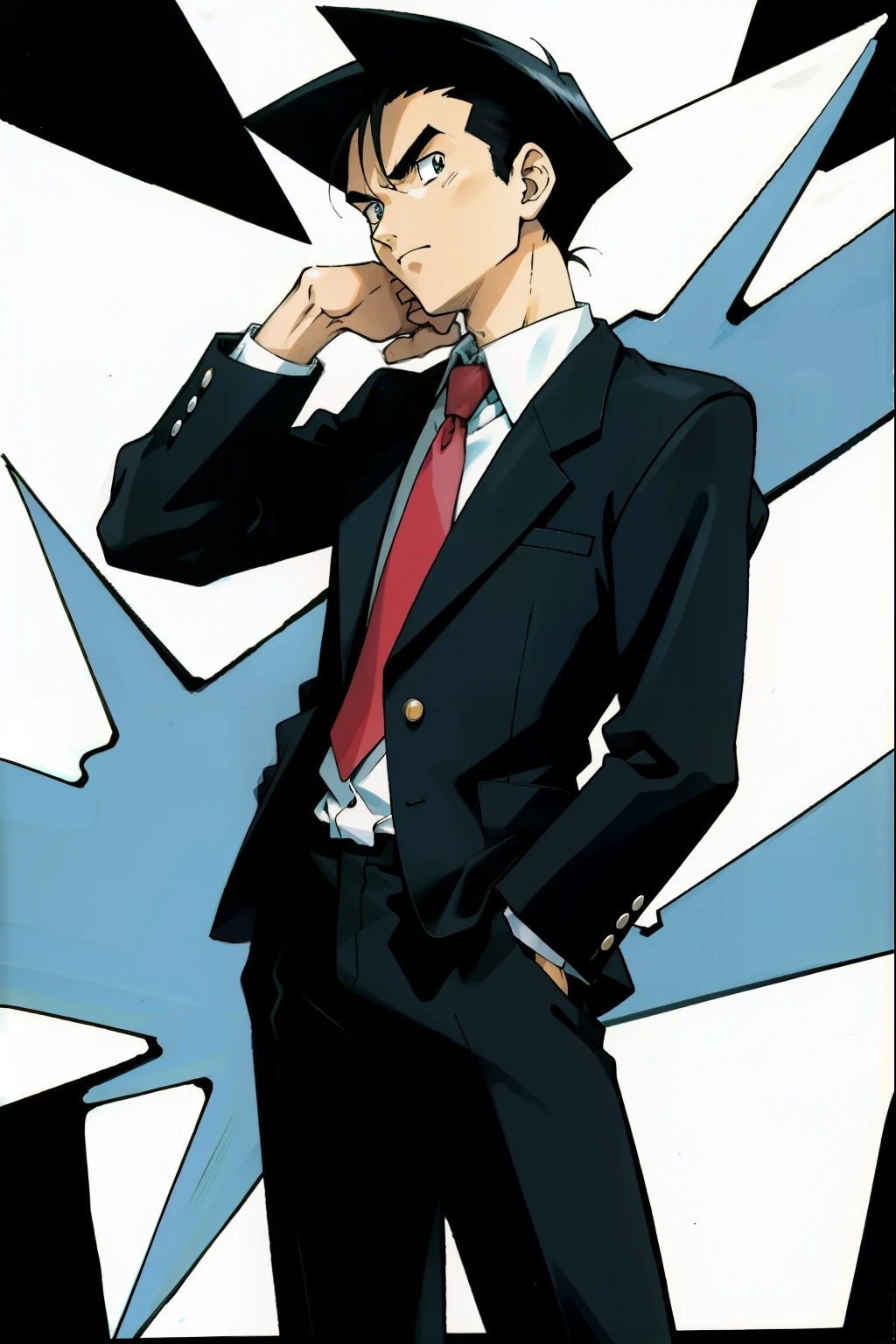 by Ken Sugimori, sugimori 1990s, ((only 1man)), business suit, wicked ((hands behind their back)), full black pupils, manga, best quality, highly detailed, clean lines, cowboy shot, good hands, good eyes, hd, 8k, professional, symmetrical, hires, 8k,
