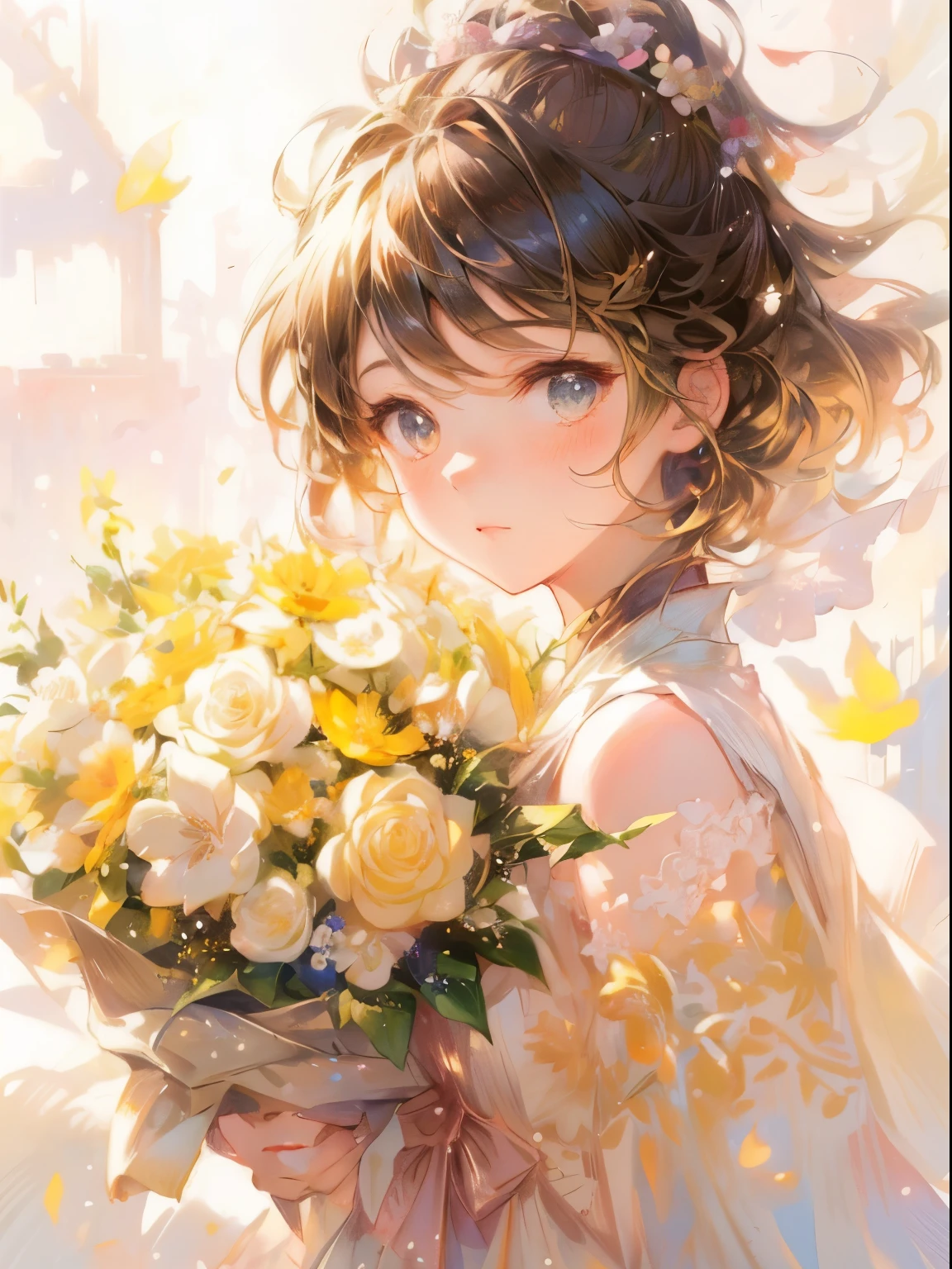 anime girl There are flowers in her hand, Anime visual of a cute girl, Beautiful anime portrait, guweiz, guys, kawaii realistic portrait, beautiful anime girl, cute anime girl portrait, Beautiful sunflower anime girl, Detailed portrait of anime girl, cute anime girl portraits, There are flowers, portrait of cute anime girl, cute anime girl, sakimicchan，blonde hair