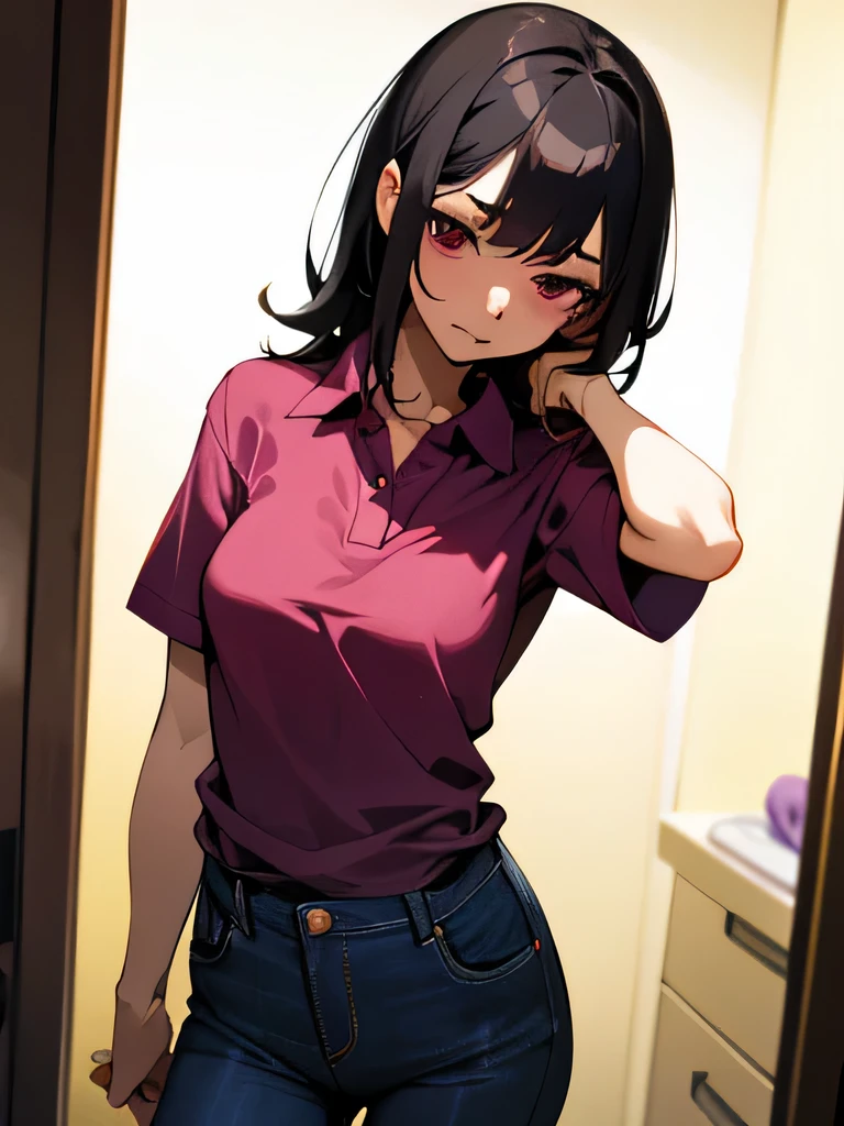 No bra, lower body, Japanese, very short, pubic hair, beautiful breasts, embarrassing, shyness, worries, beautiful breasts, black hair, changing room, changing clothes, standing, arms, hands on face, magenta polo shirt, jeans, small breasts