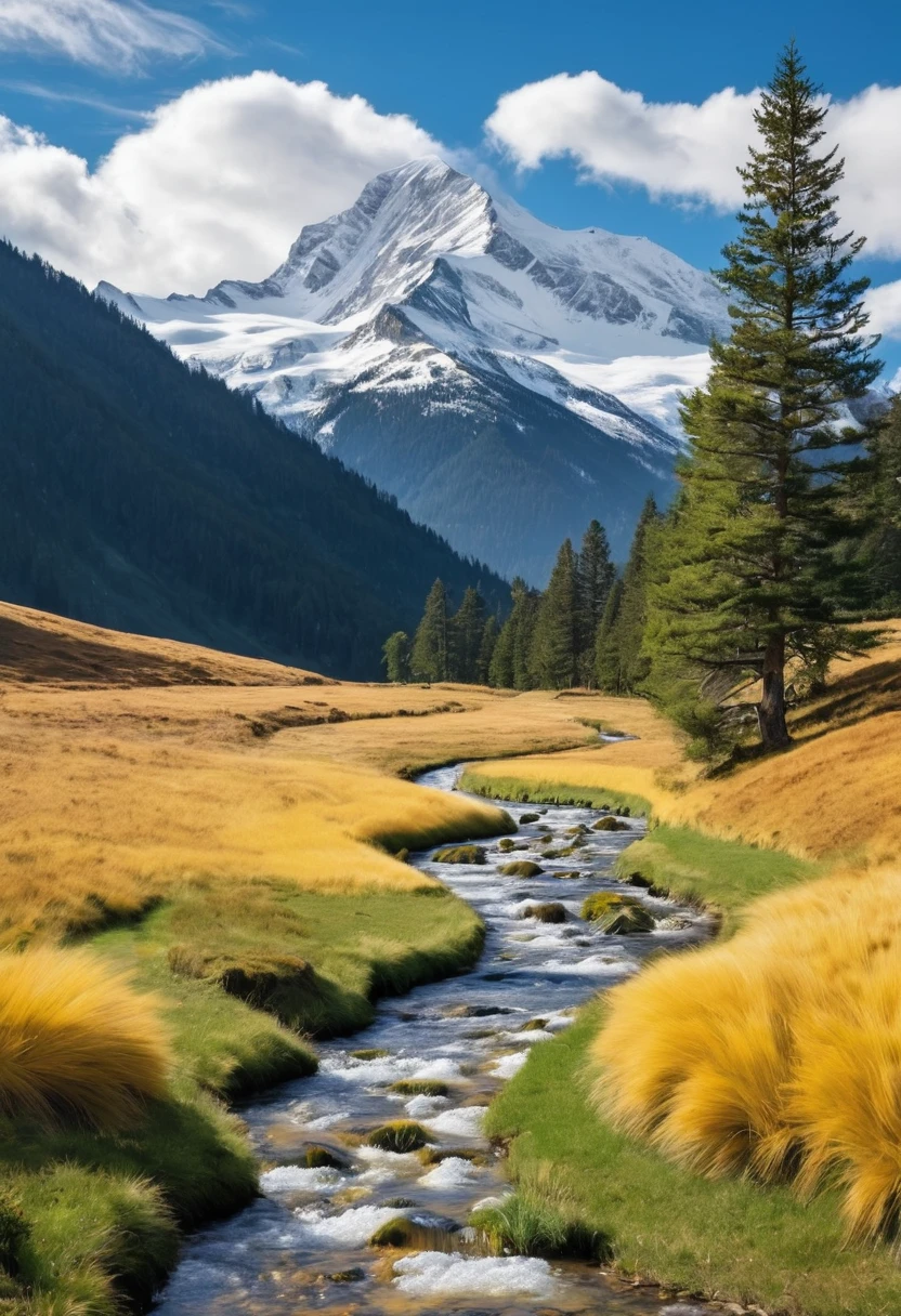 A grassy field with a stone path leads towards a mountain range with a snow-capped peak. Pine trees dot the landscape, and a meandering river flows through the valley. The sky is a mix of blue and yellow, and the clouds are fluffy and white.