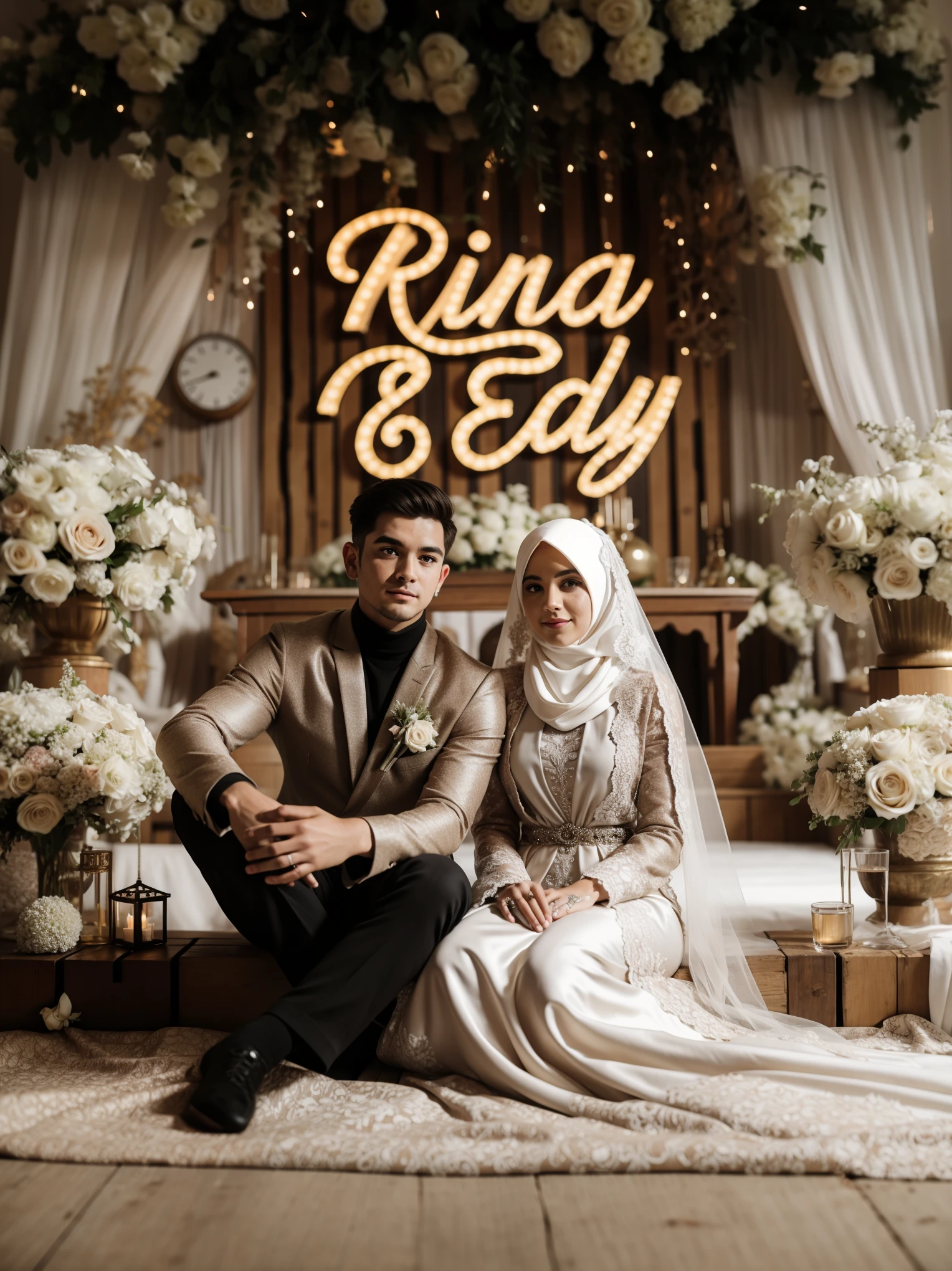bride and groom sitting on a bench in front of a floral arch, lovely couple, wedding, backdrop, february), instagram picture, 🕹️ 😎 🔫 🤖 🚬, wedding photo, 👁🌹👾, ornate and intricate backdrop, instagram photo, couple, traditional art, ornate backdrop, in front of white back drop, restored, happy couple, ✨🕌🌙