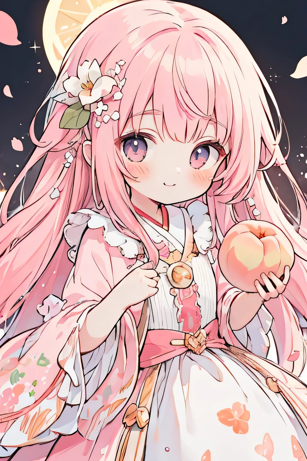 absurd, High resolution, (anime style:1.1), ((highest quality)), (Super detailed), (beautiful)、(lift),cute、holding a peach in your hand、Peach on the background,pink hair color、Holding up a peach,smile