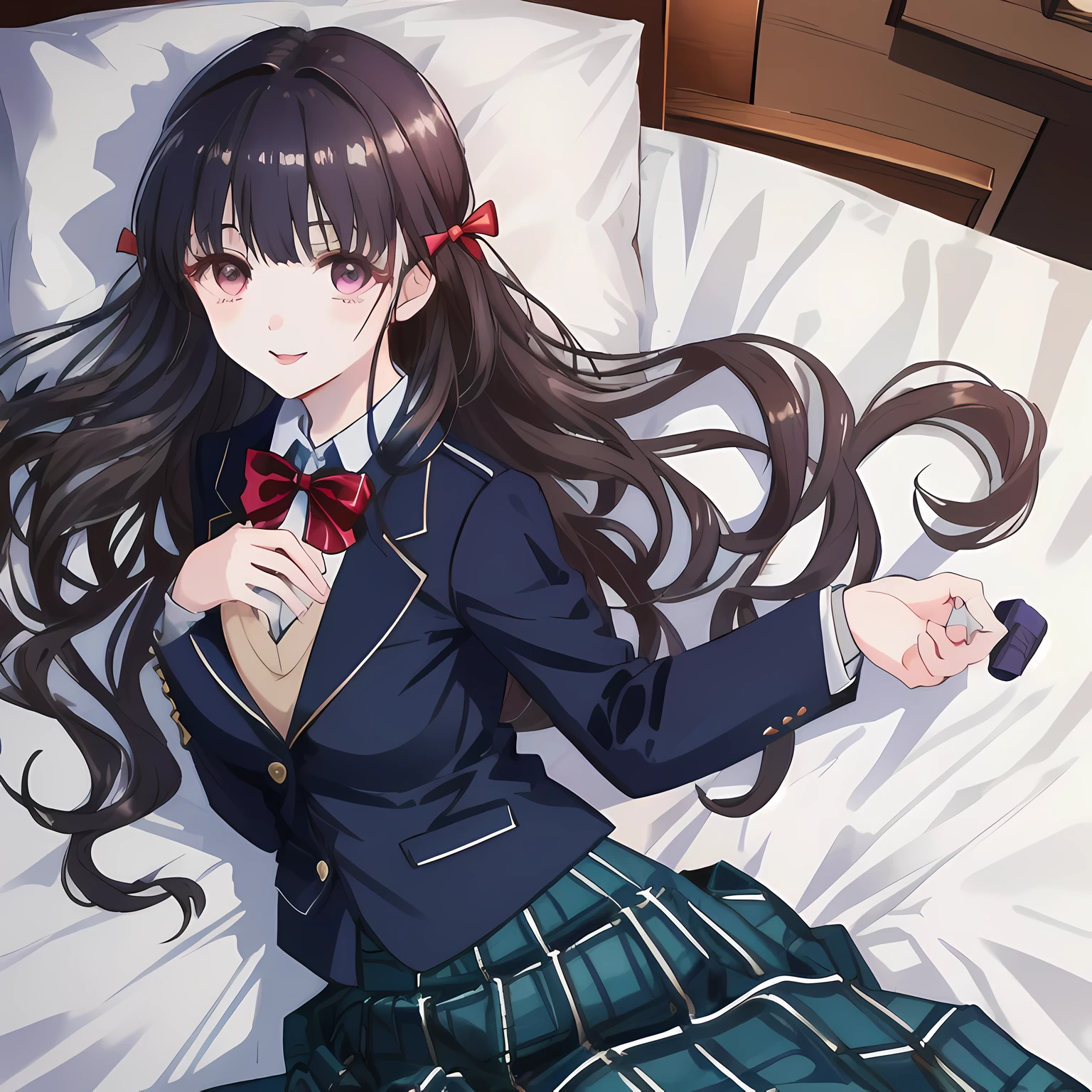 highest quality, (masterpiece:1.2), High resolution, perfect pixel, One so beautiful woman is lying on the bed, 16 years old, ((big very detailed beautiful eyes like angel)), ((girly large wine-red glossy polyester Japanese school ribbon bow tie)), (((long beautiful wavy hair))), ((((dark blue & deep navy colored tartan checkered long skirt)))), ((A formal dark blue blazer that is slightly larger and has a gold emblem on the left chest that feels like the texture of the cloth.)), Watching the viewer and laughing, Very fun, Very happy, mouth is open, the skirt is so cute, detailed fingers, modest chest, curled bangs, Lip balm, so beautiful, checkered comforter, checkered bed sheet, cute long ribbons on the bed, long eyelashes, ((Skirt and bow tie is photo realistic)), ((bed is photo realistic)), Appeal to viewers, big long girly hair ribbons, Impressive and very beautiful eyes, shot from the side