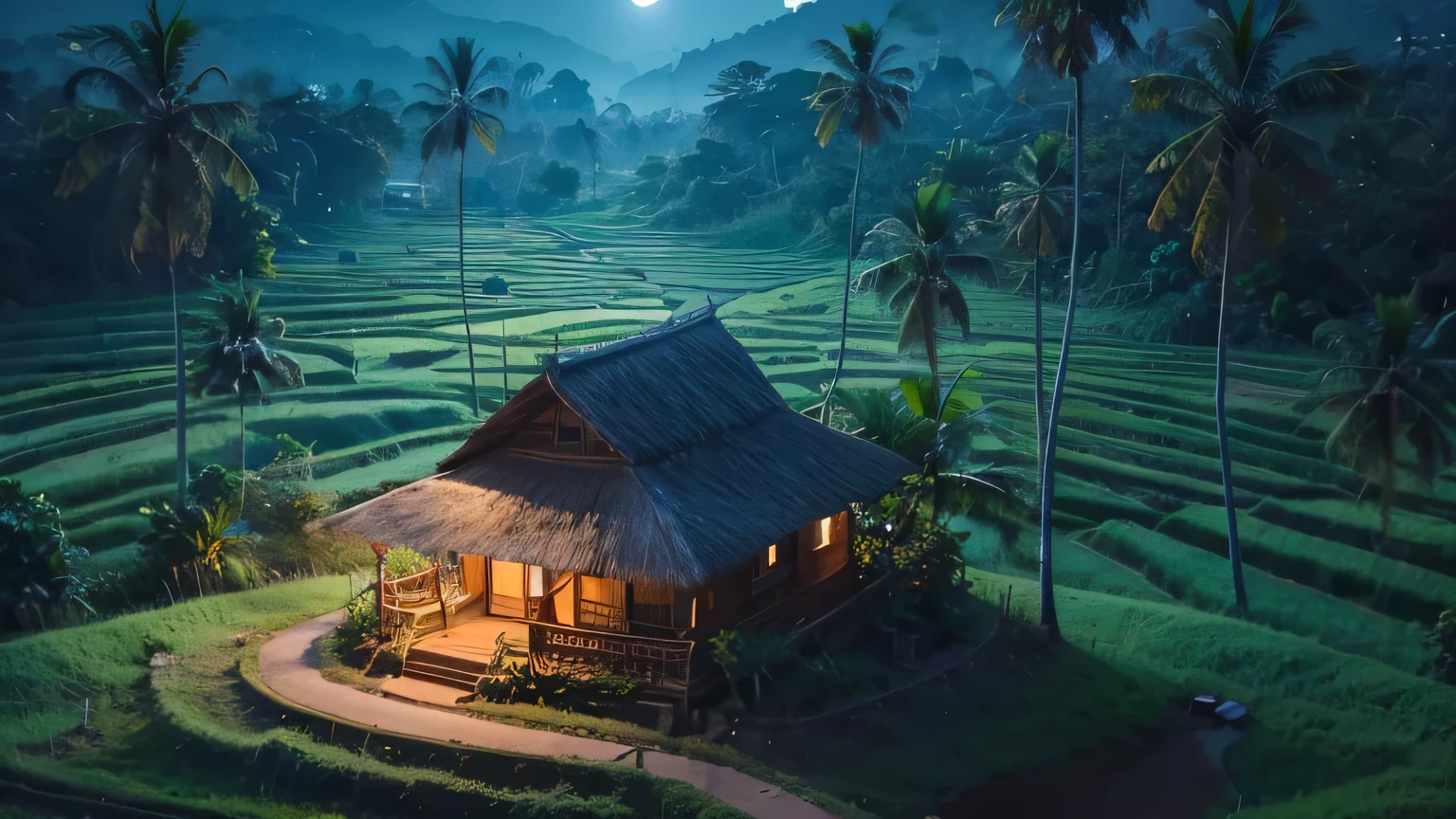 ciptakan sebuah imaginasi yang nyata dengan suasana sejuk dan damai dengan gaya lanscape, jalan yang berliku menuju sebuah rumah, di samping sawah yang hijau, terlihat ada satu rumah kayu beratap seng di tengah sawah, terlihat dua batang pohon kelapa didepannya, dengan suasana yang jernih di malam hari, background malam gelap tersorot cahaya bulan dan gunung besar di bawahnya banyak pohon kelapa dan pohon besar dengan gambar yang sangat jernih