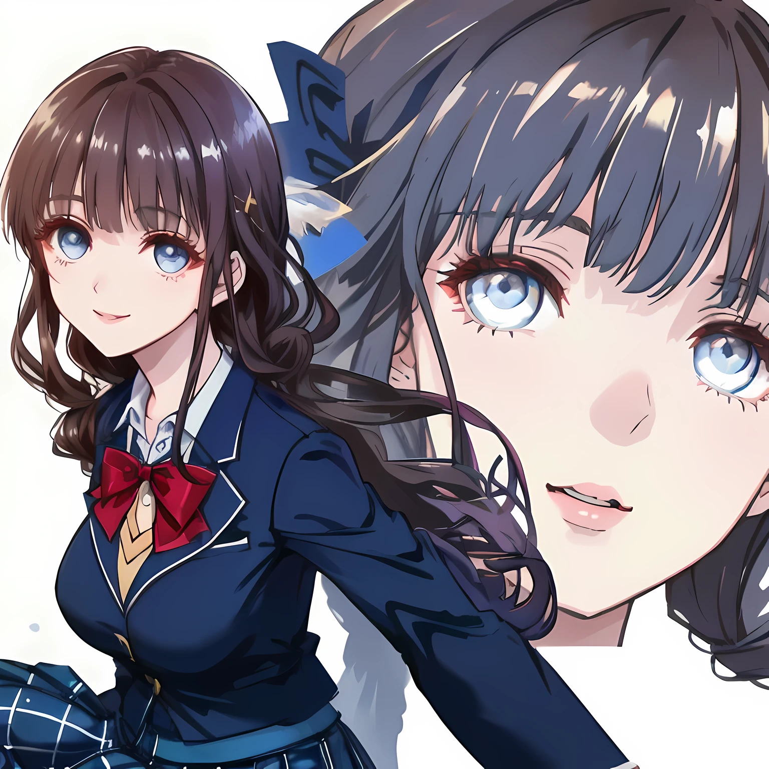 highest quality, (masterpiece:1.2), High resolution, perfect pixel, One so beautiful woman is lying on the bed, , ((big very detailed beautiful eyes like angel)), ((girly large wine-red glossy polyester Japanese school ribbon bow tie)), (((long beautiful wavy hair))), ((((dark blue & deep navy colored tartan checkered long skirt)))), ((A formal dark blue blazer that is slightly larger and has a gold emblem on the left chest that feels like the texture of the cloth.)), Watching the viewer and laughing, Very fun, Very happy, mouth is open, the skirt is so cute, detailed fingers, modest chest, curled bangs, Lip balm, so beautiful, checkered comforter, checkered bed sheet, cute long ribbons on the bed, long eyelashes, ((Skirt and bow tie is photo realistic)), ((bed is photo realistic)), Appeal to viewers, big long girly hair ribbons, Impressive and very beautiful eyes, shot from the side