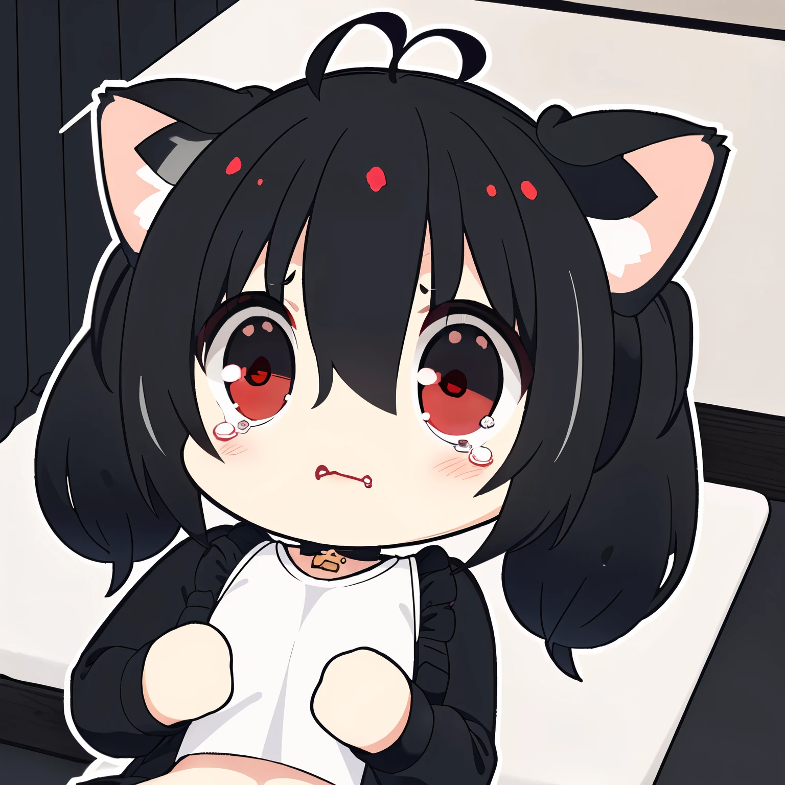1girl, (chibi:1.4), (sad expression, tears in eyes), upper body, lying on bed, ((black pigtails with cat ears , red eyes)) , indoors