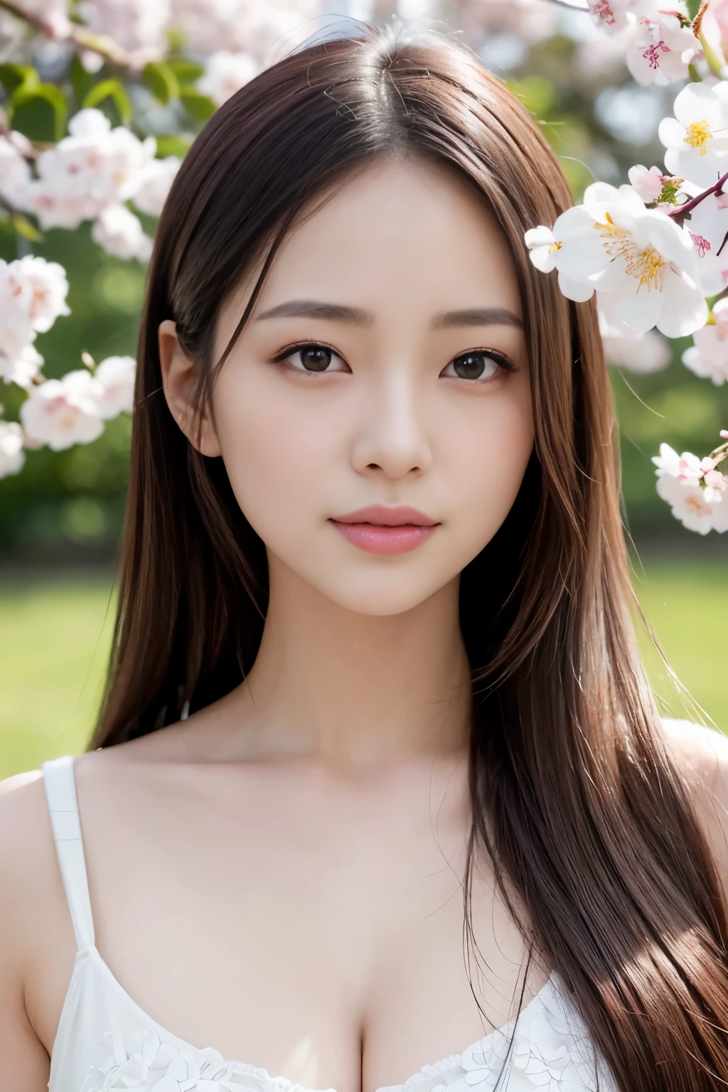 (highest quality, Super detailed, realistic:1.37), Professional, detailed and beautiful eyes, beautiful detailed lips, detailed facial features, natural skin tone, perfect skin texture, delicate expression, high resolution images, realistic face, realistic skin, simple face, natural smile, highly detailed hair, (Yuki), 23 years old, (Calm Japanese college girl), Standing under a cherry tree in full bloom. Wearing an elegant spring dress, Her slim figure and flowing hair、In harmony with the surrounding natural beauty。. The high-resolution image captures Super detailed realism, highlighting Yuki's captivating eyes, delicate lips, and smooth skin tone. The soft pink hue of cherry blossoms、A stunning visual representation of tranquility and Japanese aesthetics.。.