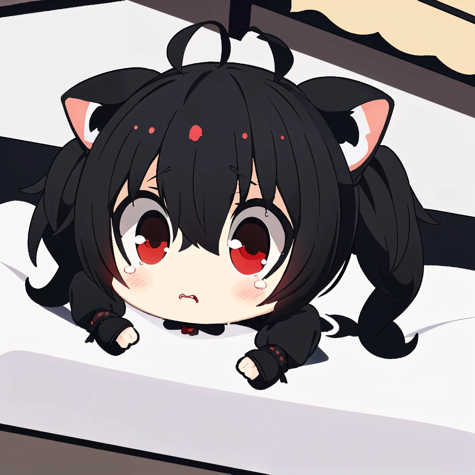 1girl, (chibi:1.4), (sad expression, tears in eyes), upper body, lying on bed, ((black pigtails with cat ears , red eyes)) , indoors