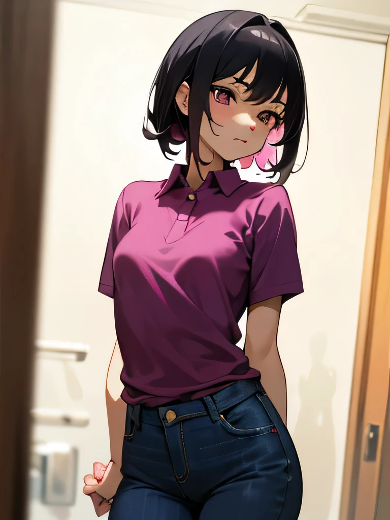No bra, lower body, Japanese, very short, pubic hair, beautiful breasts, embarrassing, shyness, worries, beautiful breasts, black hair, changing room, changing clothes, standing, arms, hands on chest, magenta polo shirt, jeans, small breasts