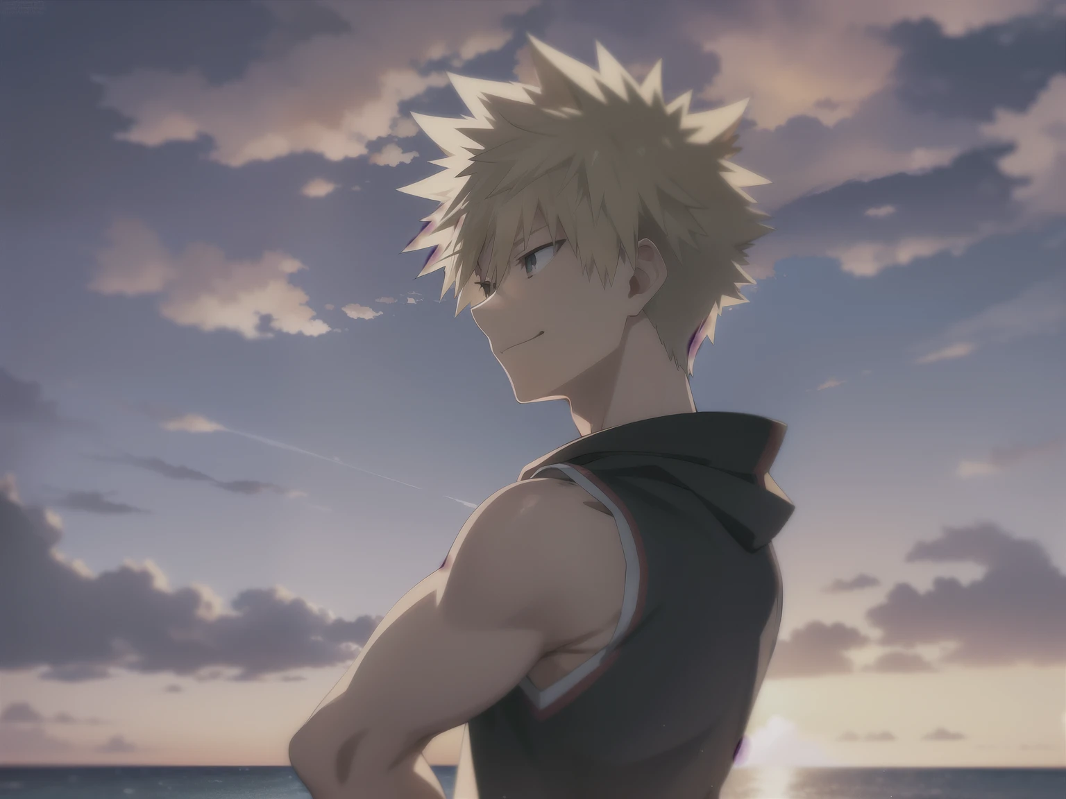 Katsuki Bakugou stands on the beach with the ocean and sunset in the background, Turn your face towards me and smile、face the camera、Full of scars、after the battle、victory、Xin Haichengのアートスタイル, 4k anime wallpaper, ( ( makoto shinkai ) ), Xin Haicheng