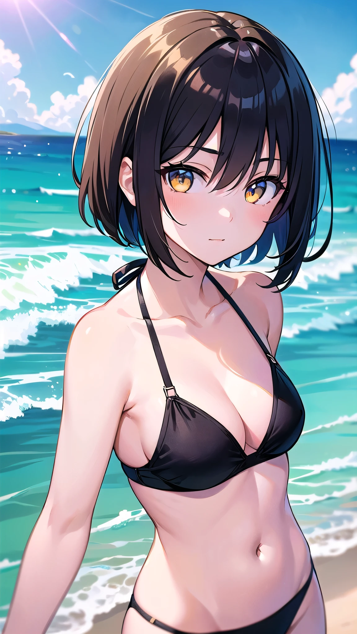 (masterpiece), (highest quality), (Super detailed), (beautiful illustrations), (pretty girl), 1 girl, black hair, short hair, bangs, hair between eyes, beautiful hair, かき上げたbangs, yellow eyes, beautiful and delicate eyes, , bikini top, (from the front), (Portrait), looking at the camera, coastal,
