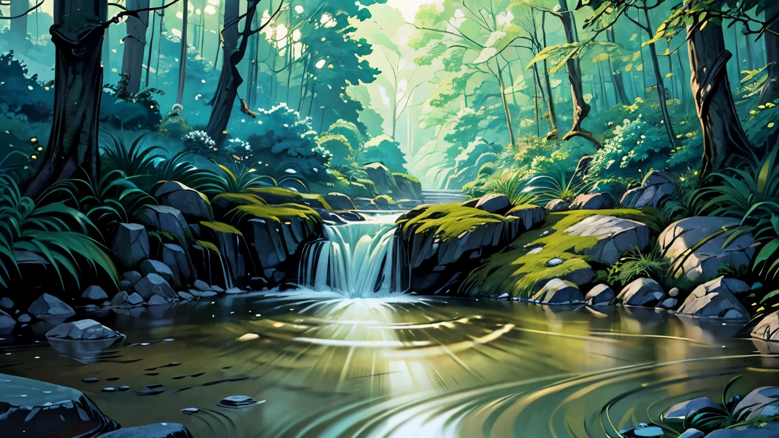 I took a photo of a peaceful moment spent in nature..。wood々Imagine a peaceful landscape bathed in soft morning light.。.。a gentle meandering stream、Surrounded by lush greenery。The overall atmosphere is calm and connected to the natural world.、Highlights the beauty and serenity of outdoor moments。