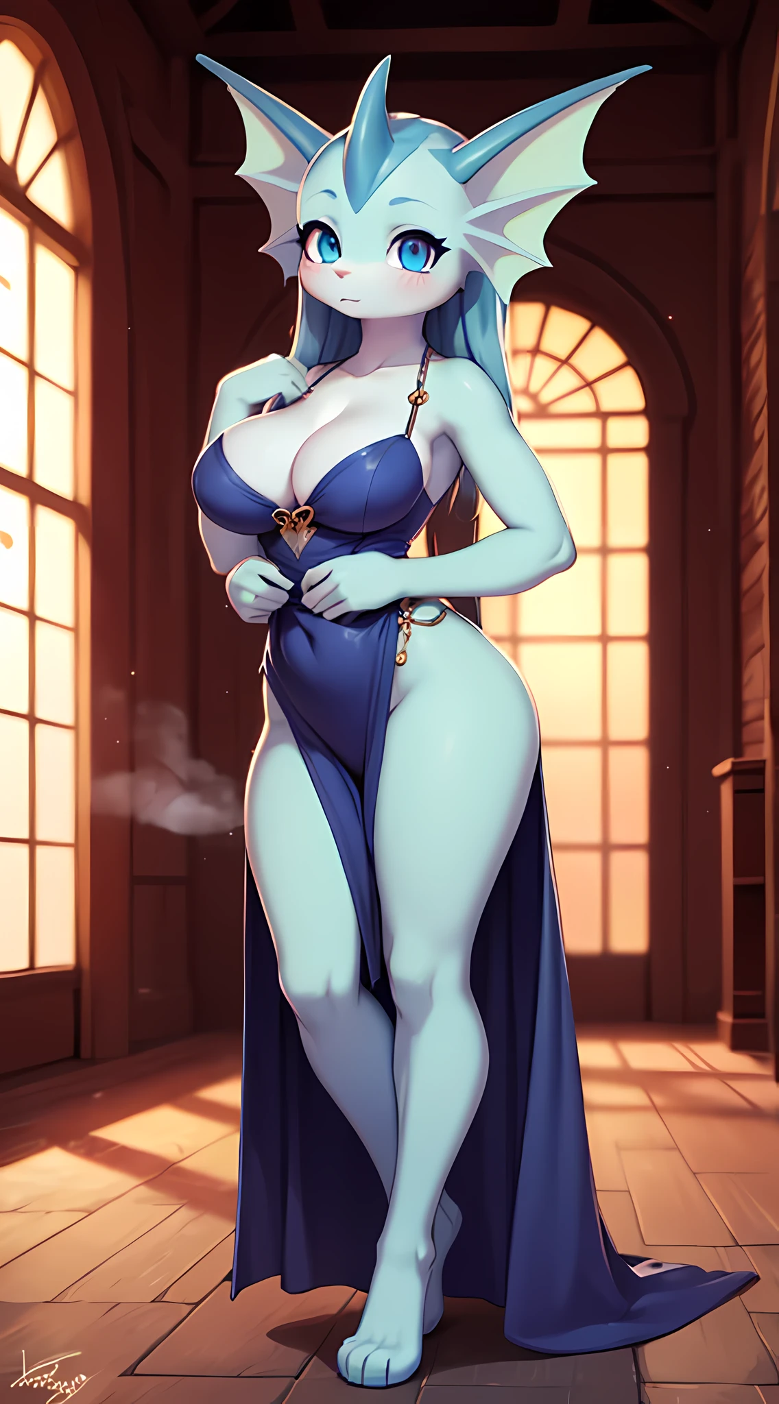 Beautiful VAPOREON is shown to have a sexy figure. She is wearing a beautiful gala dress, jewelry, standing in a gala ballroom, sexy session, putting her hands on her waist, poseing,exposed cleavage, cowboy shot, superior quality, many details, , solo, masterpiece, ultra detailed, scenery, VAPOREON, cute breasts, aqua blue skin, serafuku, anthropomorphic, fursona, furry, anthro, clear blue glowing eyes, fin ears, 16K, RTX, HDR, extremely high details,