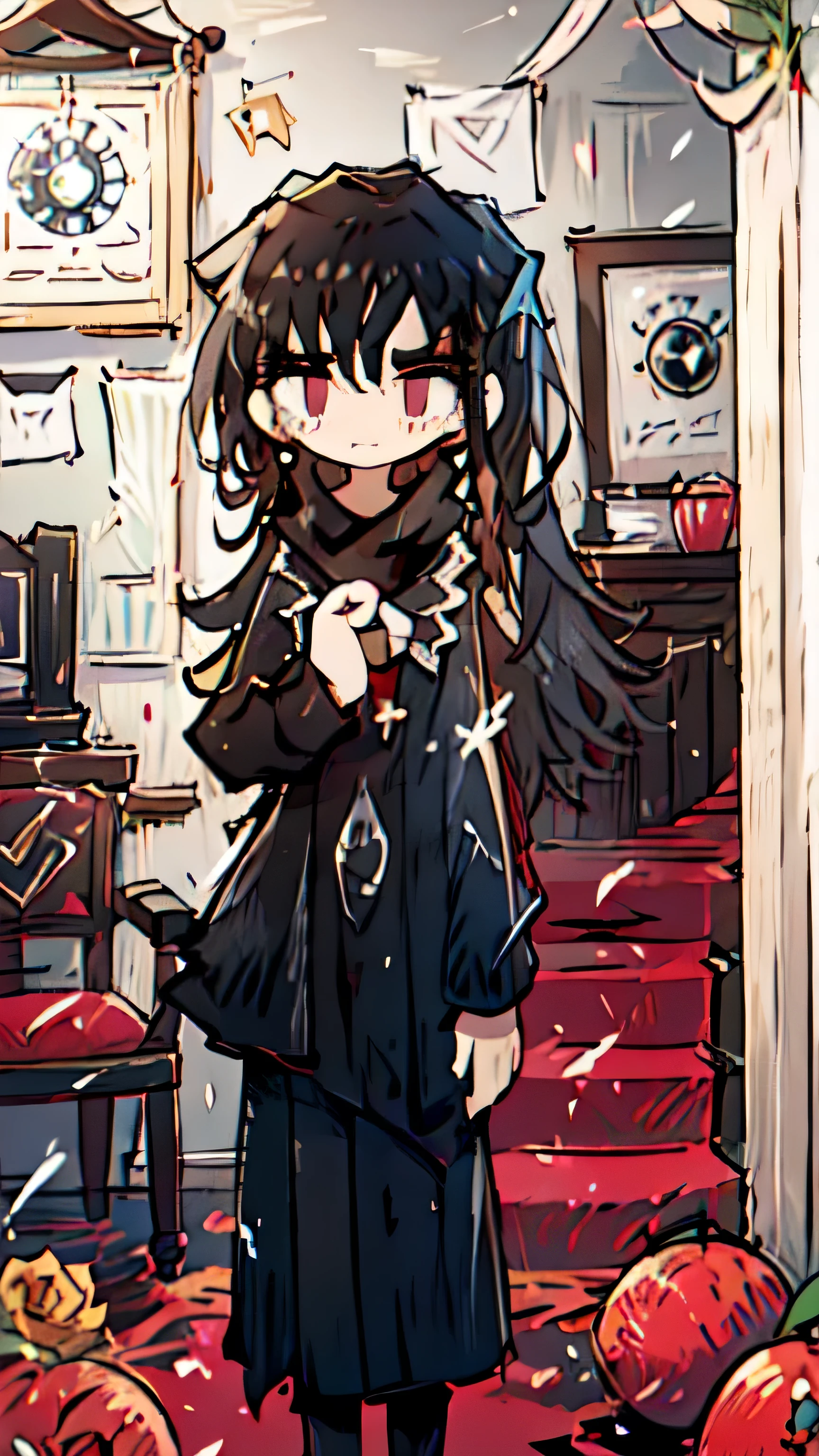 a girl , wearing red scarf , long dress , old dress , black hair , long hair , sad facial expression , sad , sad face , black dress , old room , stairs  , clock , very long dress ,