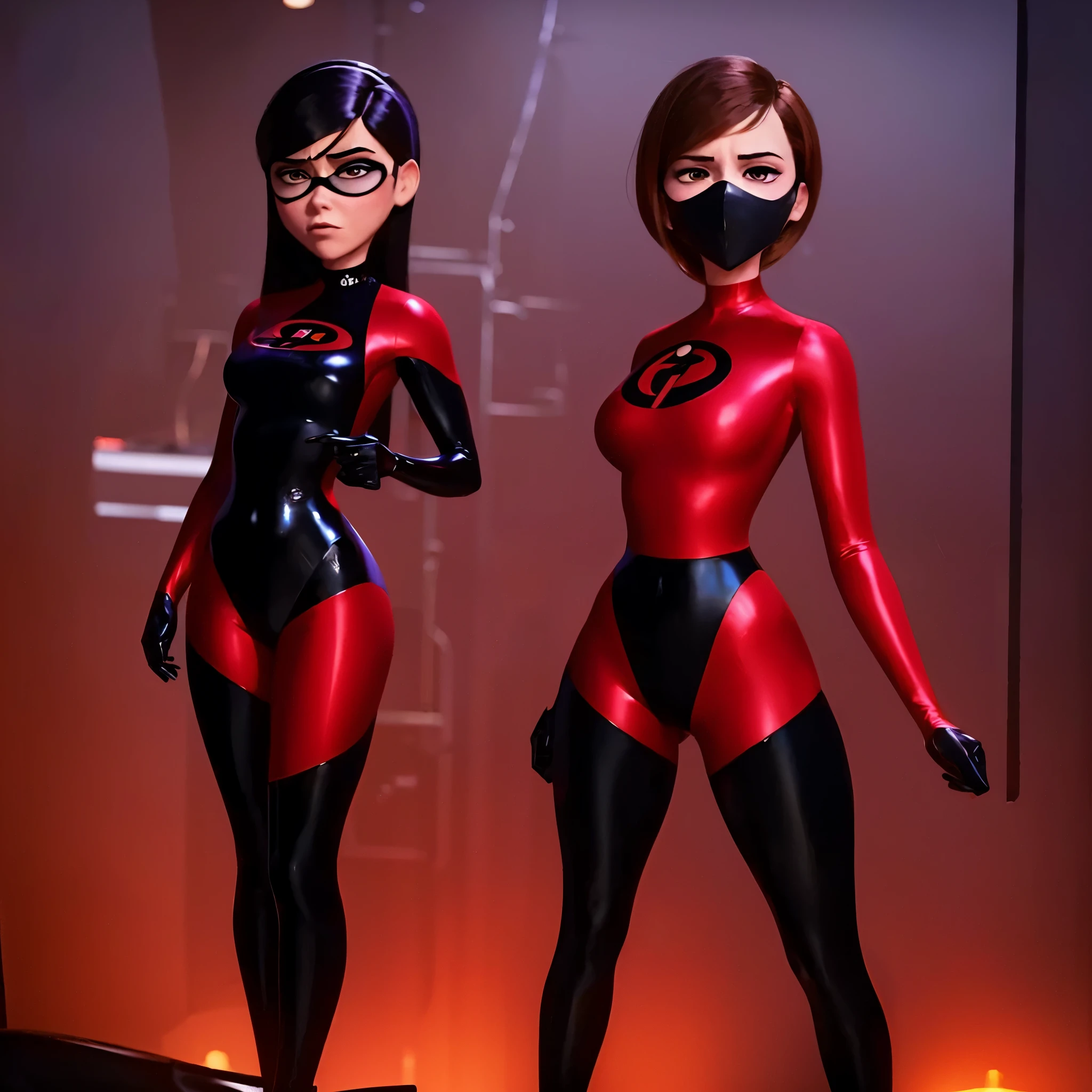 Violet parr and Helen parr, dark form, latex, shiny, mechanical background,