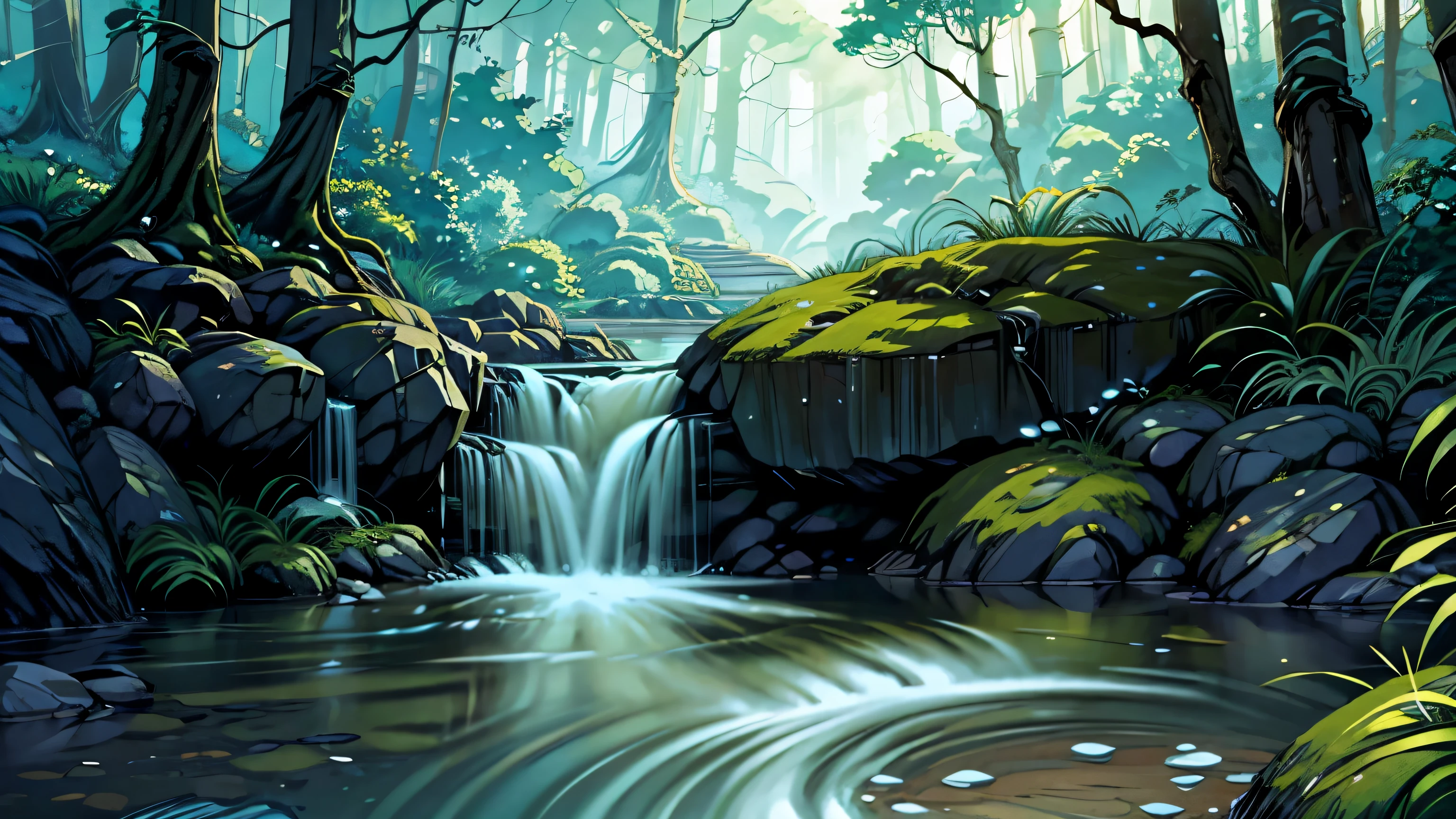 I took a photo of a peaceful moment spent in nature..。wood々Imagine a peaceful landscape bathed in soft morning light.。.。a gentle meandering stream、Surrounded by lush greenery。The overall atmosphere is calm and connected to the natural world.、Highlights the beauty and serenity of outdoor moments。