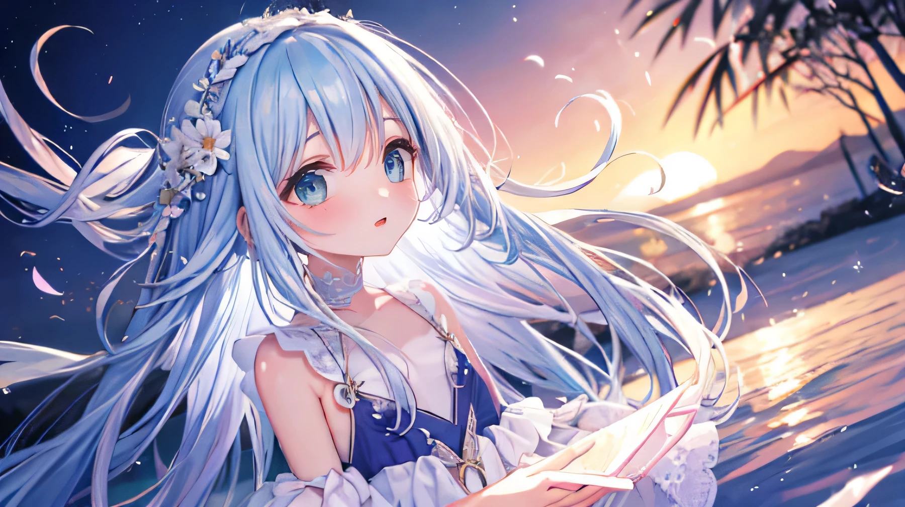 (ultra-intricate pupil in eyes, shiny eyes), long eyelashes, double eyelids, parted lips, kawaii, cute, ( flat chest), slender, (ultra delicate and beautiful skin), insanely detailed clothes, perfect anatomy, dynamic angle, BREAK (masterpiece, best quality), (ultra-detailed 8K), (perfect design), absurdres, highres, ((blush)), (super fine illustration), ((light blue long hair)), , long hair ((blush)), masterpiece,
(MASTERPIECE), (Best Quality), (Super Detail), Official Art, One Girl, with Pale Light Blue Hair, absurd, High resolution, (anime style:1.1), ((table top)), ((highest quality)), (super detailed), (beautiful), solo, beautiful face、(Highest picture quality), 8k, wallpaper, (Master's work),(Detailed eyes description),(Detailed face description)(back view), 1girl, yellow eyes, (very long hair),very long hair (floating in the wind), back-view, looking back, hair ornament, flower hair ornament. headband, collarbone, ribbon, white dress, visible shoulders, blush, pond, petals (lens flare), walking on pond, water reflection, pond, aurora sky, night sky, pink sky, galaxy sky, horizon, mountains, forest, moon, (cover-style:1.3), fashionable, woman, vibrant, posing, front, colorful, dynamic, background, elements, shy, expression, holding, statement, accessory, majestic, coiled, around, touch, scene, attention-grabbing, catchy, modern, trendy, focus, fashion, realistic lighting, extreme blushing