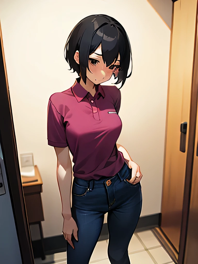 No bra, lower body, Japanese, very short hair, pubic hair, beautiful breasts, embarrassed, shyness, worries, beautiful breasts, black hair, changing room, changing clothes, standing, arms, hands on chest, magenta polo shirt, jeans, small breasts, black eyes