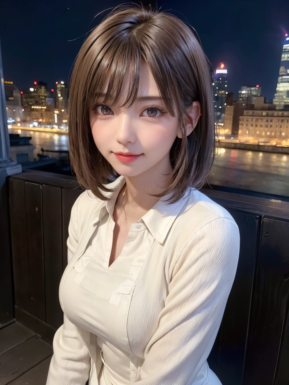 (highest quality:1.4、Add intense highlights to your eyes:1.4、short and shiny hair:1.4 )、1 girl、alone、short black hair、scarf、light brown eyes、droopy eyes:1.5、short hair、Jacket、coat、Winter clothes、hat、lips、lip gloss:1.4、bangs、closed mouth、Big eyes、eyelash、((street))、((bangsのあるshort hair:1.4、Big eyes、Gives a very strong highlight to the eyes、thin waist、very beautiful beauty、show me your ears、long neck、smile a little、Please close your mouth and smile))、Beautiful adult woman full of charm:1.4、(On the terrace of a penthouse in a prime location in New York、A woman standing with a night view behind her。She is wearing a tight white dress、脱ぎかけのJacket)、(The woman is looking straight into the camera lens)、perfect anatomy