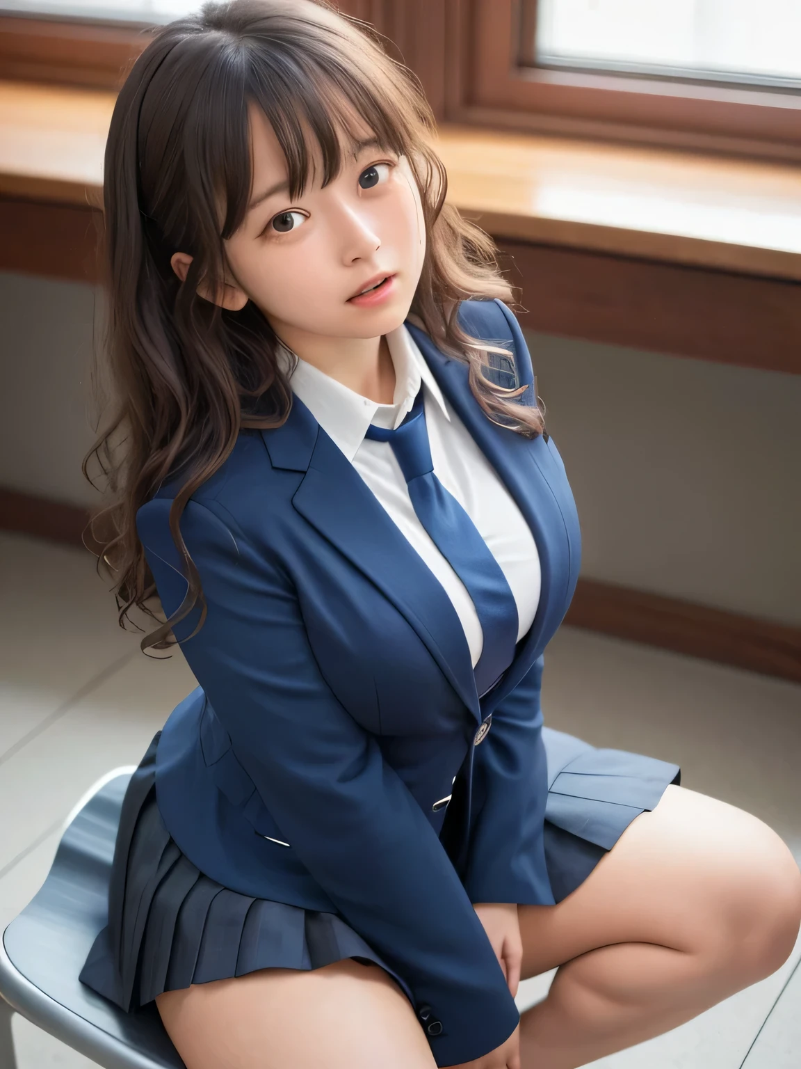 8k, highest quality, real image, intricate details, Super detailed, ultra high resolution, depth field,(realistic,realistic:1.2), full body, (crying face:1.3), (tears:1.2), (lamentation:1.2), sitting on a chair, 1 Japanese girl, very beautiful 17 year old girl, (beautiful breasts:1.5, highly detailed eyes:1.2), (beautiful breasts:1.1), (small breasts:1.2), (wavy hair)、(curly hair)、bangs, perfect skin, Fair skin,( huge hips:1.2), (thick thighs:1.2), (thick legs:1.1), tight waist, alone, hands between her legs, looking at the viewer, (School_uniform),(dark blue blazer), (white shirt、wear a tie), (gray pleated skirt), (sculpture installation :1.1), break classroom