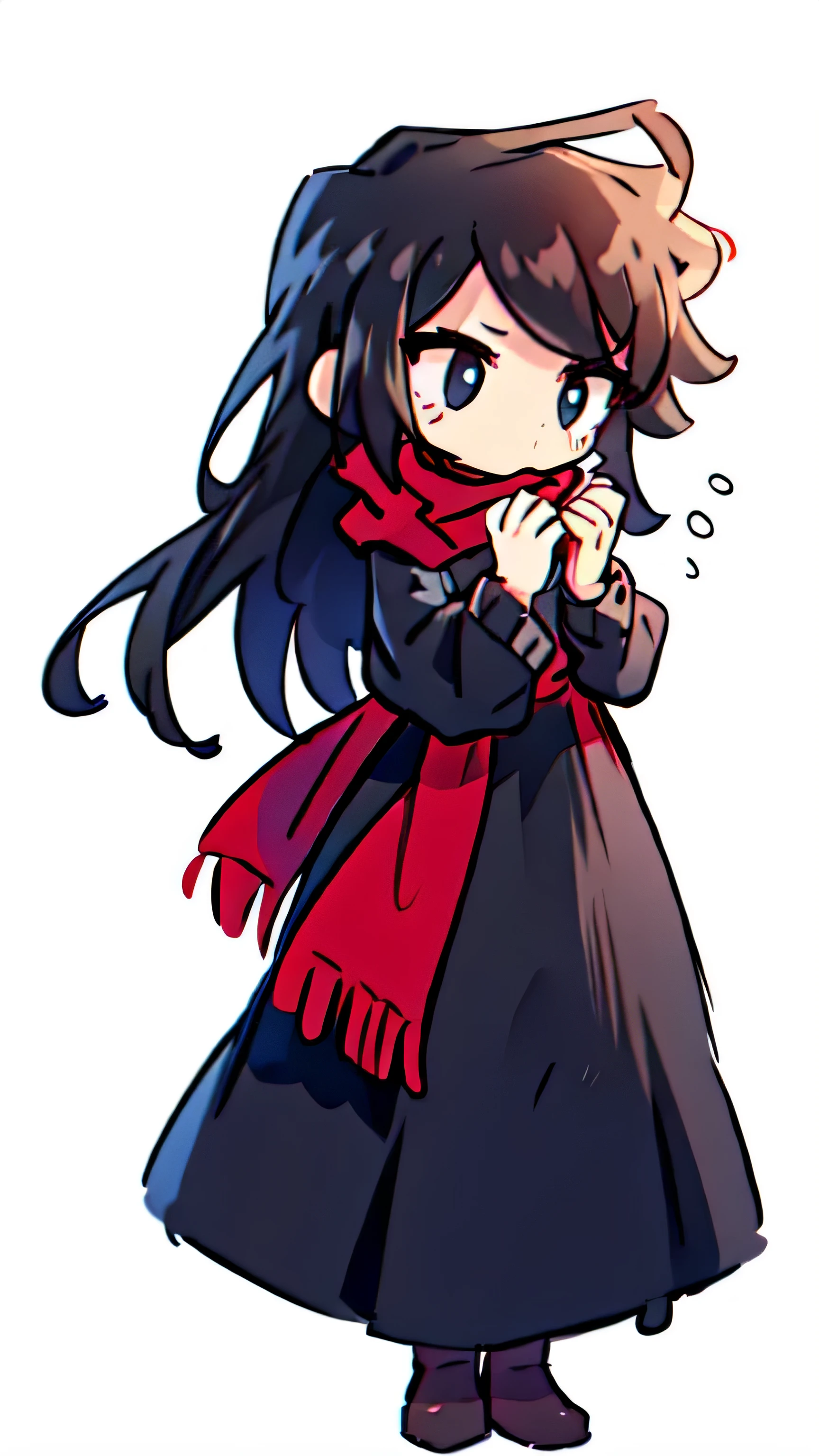 a girl , wearing red scarf , long dress , old dress , black hair , long hair , sad facial expression , sad