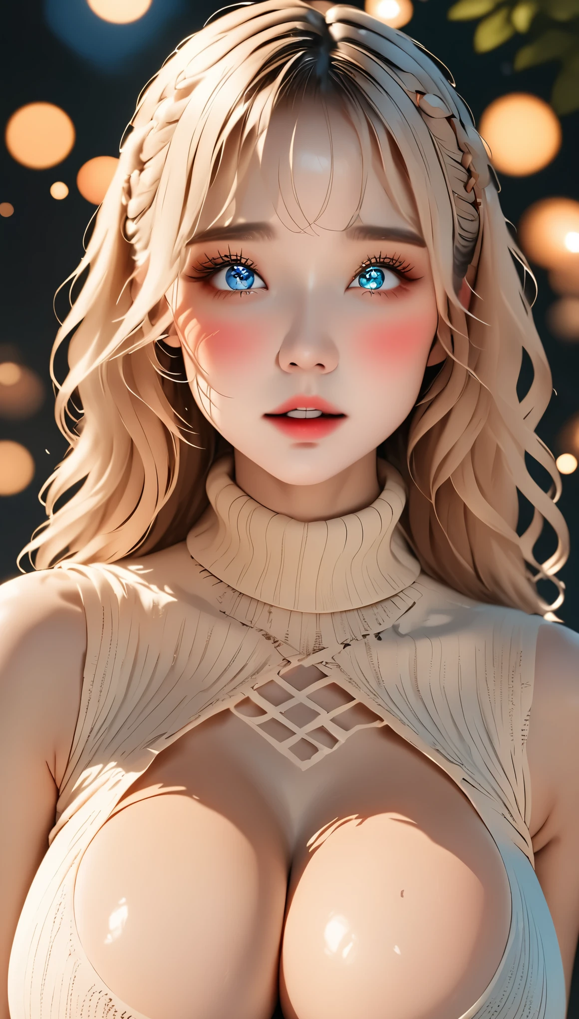 one woman、(UHD, retina, masterpiece, Accurate, anatomicaly_correct, textured_skin, wonderful_be familiar with, expensive_be familiar withs, expensive_quality, Highest_quality, expensive_response, 1080p, hd, 4k, 8K, 16k), (beautiful_be familiar withed_eyes, beautiful_be familiar withed_lips, very_be familiar withed_eyes_and_face), soft_lit, physics based_rendering, wonderful_color, (big_chest:1.5), (shiny_hair, shiny_skin, sunburned_skin, blush), (前hair:1.5), eye_reflection, (Bokeh), 笑face_and_笑face, (sleeveless_turtleneck_knit:1.5), from below,