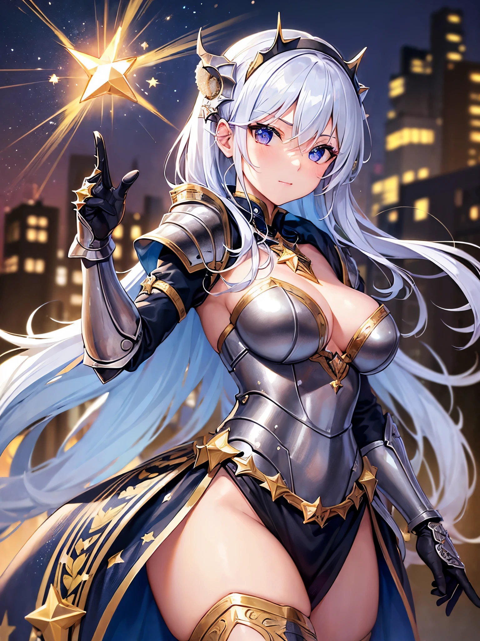 ((highest quality)),(ultra high resolution),(Super detailed),(detailed description),((best CG)),(best work of art),super precision art,amazing drawing art,(Fantasy art with precise details:1.5), (female knight:1.7),(beautiful and well-shaped face:1.6),(Glittering armor with intricately carved jewels:1.6),(she flutters her star cloak:1.8),A sword of light that cuts through the darkness:1.6,((action pose:1.5)