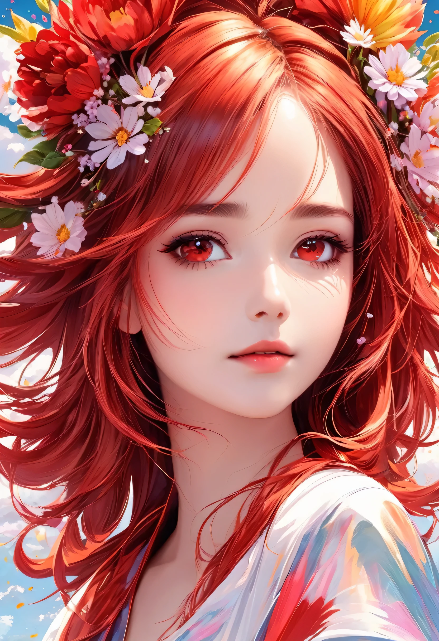 chica de pelo rojo con flores en el cielo