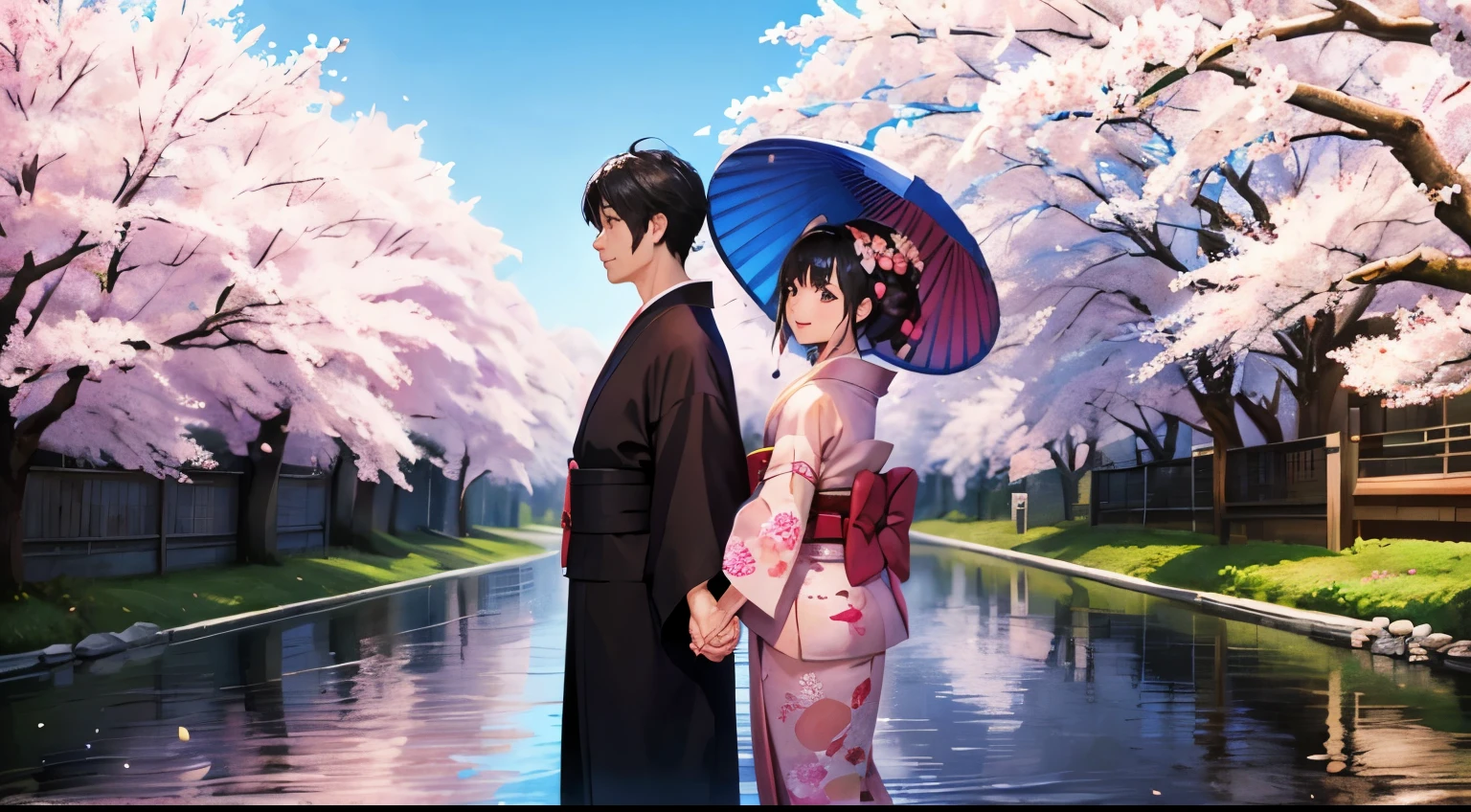 kimono、male、woman、couple、2people、hold hands、backwards、30 generations、smile、stroll、cherry blossoms、cherry blossoms吹雪