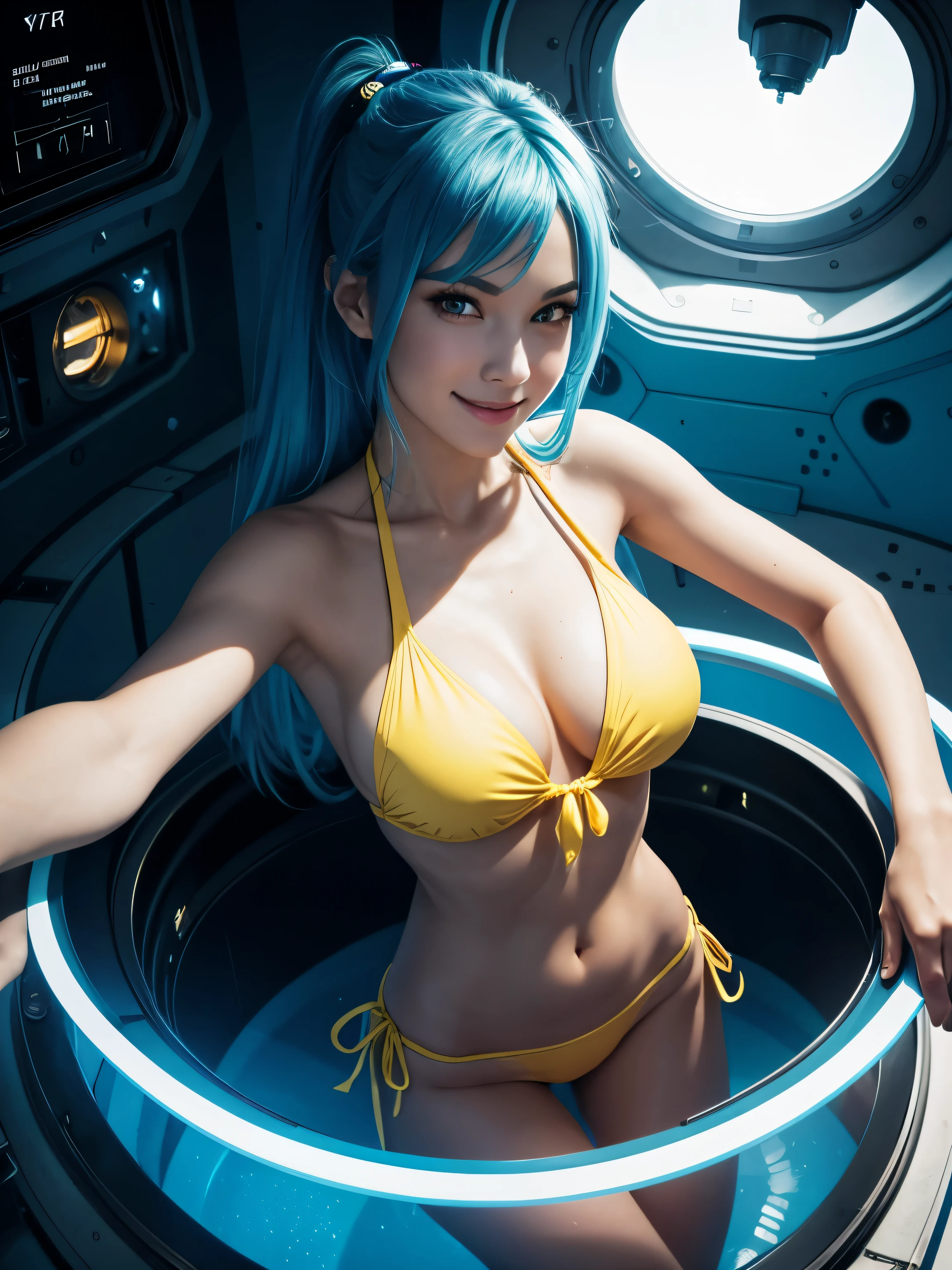 highly detailed, 8 k, masterpiece, 1 girl, blue_hair_tubes, dress, bend_over , Smirk_smile, (ideal_Face) difficult, impressive lighting, 4k, detailed_background, caustic, full_body, (hyperrealistic:1.3) (beautiful lighting:1.3), caustic, dynamic lighting, beautiful lighting, warm cozy neon lighting, Hot tall sexy girl with perfect figure in yellow bikini, interesting pose, body rotation, yellow bikini with white trim and long white ties, white trim bikini, languid facial expression, pool, huge sci-fi pool inside a spaceship, on the background of a spaceship, sci-fi background, camera from above, looks at the camera