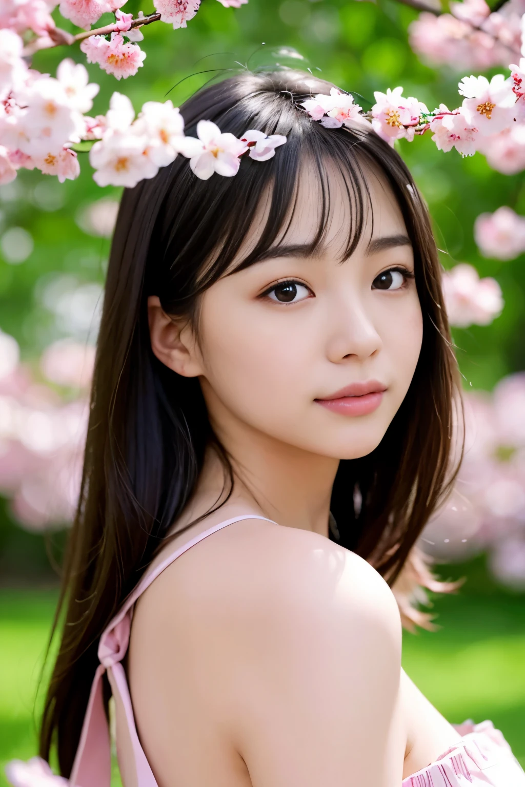 (highest quality, Super detailed, realistic:1.37), Professional, detailed and beautiful eyes, beautiful detailed lips, detailed facial features, natural skin tone, perfect skin texture, delicate expression, high resolution images, realistic face, realistic skin, simple face, natural smile, highly detailed hair, (Yuki), 20-year-old, (Calm Japanese college girl), Standing under a cherry tree in full bloom. Her slim figure and flowing hair、In harmony with the surrounding natural beauty。. The high-resolution image captures Super detailed realism, highlighting Yuki's captivating eyes, delicate lips, and smooth skin tone. The soft pink hue of cherry blossoms、A stunning visual representation of tranquility and Japanese aesthetics.。.