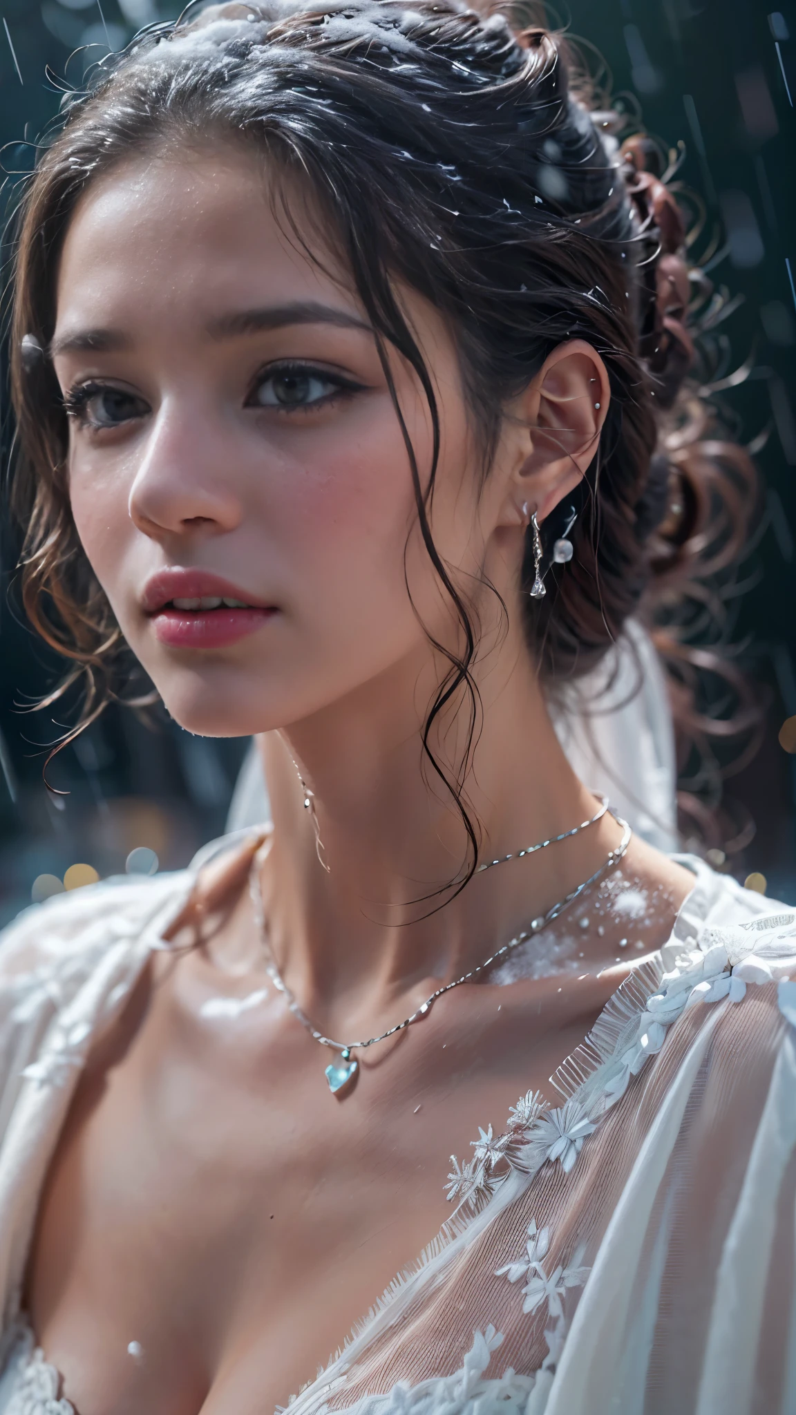 (RAW shooting, Photoreal:1.5, 8K, highest quality, masterpiece, ultra high resolution), ((((heavy snow, Blizzard)))), Highly detailed skin and facial textures:1.3, perfect dynamic composition:1.2, (In front of a church at night in a modern city, expression of sadness:1.0, Tears are flowing:1.0, cry with a broken heart:1.0), Slim office lady wet in the rain:1.3, cowboy shot, Fair skin:1.2, sexy beauty:1.1, perfect style:1.2, beautiful and aesthetic:1.1, very beautiful face:1.2, water droplets on the skin, (rain drips all over my body:1.2, wet body:1.2, wet hair:1.3), (professional dressing:1.1, Holding a bouquet of wet roses:1.2, The correct way to wear a wet pure white wedding dress:1.3), (Medium chest, bra is see-through, Chest gap), (Eyes that feel beautiful eros:0.8, Too erotic:0.8, Bewitching:0.8), necklace, earrings, bracelet, wedding ring, Highly detailed hand and finger expressions