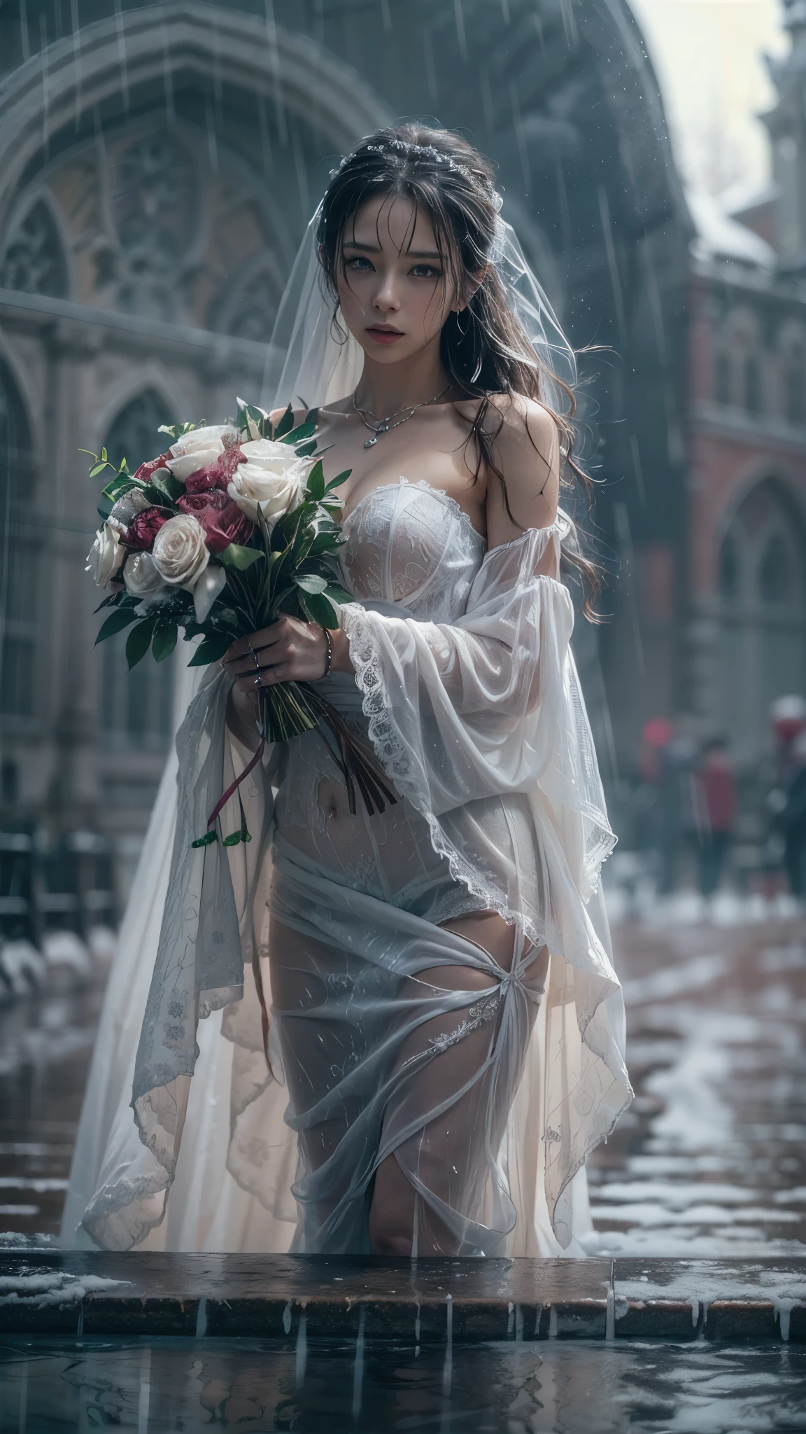 (RAW shooting, Photoreal:1.5, 8K, highest quality, masterpiece, ultra high resolution), ((((heavy snow, Blizzard)))), Highly detailed skin and facial textures:1.3, perfect dynamic composition:1.2, (In front of a church at night in a modern city, expression of sadness:1.0, Tears are flowing:1.0, cry with a broken heart:1.0), Slim office lady wet in the rain:1.3, cowboy shot, Fair skin:1.2, sexy beauty:1.1, perfect style:1.2, beautiful and aesthetic:1.1, very beautiful face:1.2, water droplets on the skin, (rain drips all over my body:1.2, wet body:1.2, wet hair:1.3), (professional dressing:1.1, Holding a bouquet of wet roses in my hand:1.2, The correct way to wear a wet pure white wedding dress:1.3), (Medium chest, Bra see-through, Chest gap),  (Eyes that feel beautiful eros:0.8, Too erotic:0.8, Bewitching:0.8), necklace, earrings, bracelet, wedding ring, Highly detailed hand and finger expressions