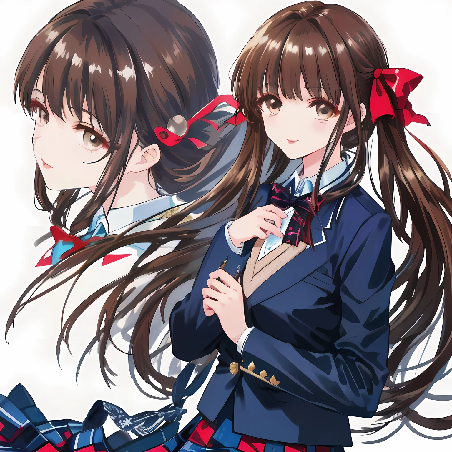 highest quality, (masterpiece:1.2), High resolution, perfect pixel, A so beautiful woman is looking back at the school gates, , (((big very detailed beautiful dark brown eyes like angel))), ((girly large wine-red glossy polyester Japanese school ribbon bow tie)), (((long beautiful wavy hair))), ((((dark blue & deep navy colored tartan checkered long skirt)))), ((A formal dark blue blazer that is slightly larger and has a gold emblem on the left chest that feels like the texture of the cloth.)), Watching the viewer and laughing, Very fun, Very happy, mouth is open, the skirt is so cute, detailed fingers, modest chest, curled bangs, ((Lip balm)), so beautiful, checkered comforter, checkered bed sheet, cute long ribbons on the bed, long eyelashes, ((Skirt and bow tie is photo realistic)), school gate, Scene from school, Appeal to viewers, big long girly hair ribbons, Impressive and very beautiful eyes, shot from behind