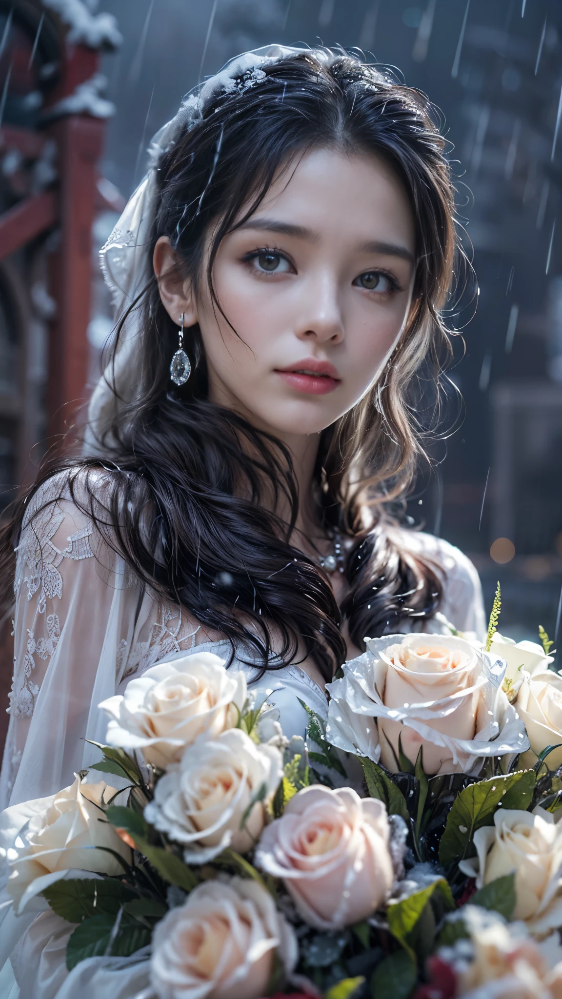 (RAW shooting, Photoreal:1.5, 8K, highest quality, masterpiece, ultra high resolution), ((((heavy snow, Blizzard)))), Highly detailed skin and facial textures:1.3, perfect dynamic composition:1.2, (In front of a church at night in a modern city, expression of sadness:1.0, Tears are flowing:1.0, cry with a broken heart:1.0), Slim office lady wet in the rain:1.3, cowboy shot, Fair skin:1.2, sexy beauty:1.1, perfect style:1.2, beautiful and aesthetic:1.1, very beautiful face:1.2, water droplets on the skin, (rain drips all over my body:1.2, wet body:1.2, wet hair:1.3), (professional dressing:1.1, Holding a bouquet of wet roses in my hand:1.2, The correct way to wear a wet pure white wedding dress:1.3), (Medium chest, Bra see-through, Chest gap), (Eyes that feel beautiful eros:0.8, Too erotic:0.8, Bewitching:0.8), necklace, earrings, bracelet, wedding ring, Highly detailed hand and finger expressions