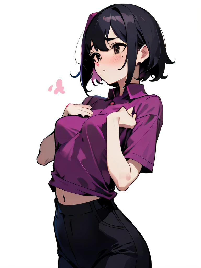 No bra, lower body, Japanese, very short, pubic hair, beautiful breasts, embarrassed, shyness, worries, beautiful breasts, black hair, outside, changing clothes, standing, arms, hands on chest, magenta polo shirt, black pants, small breasts, black eyes