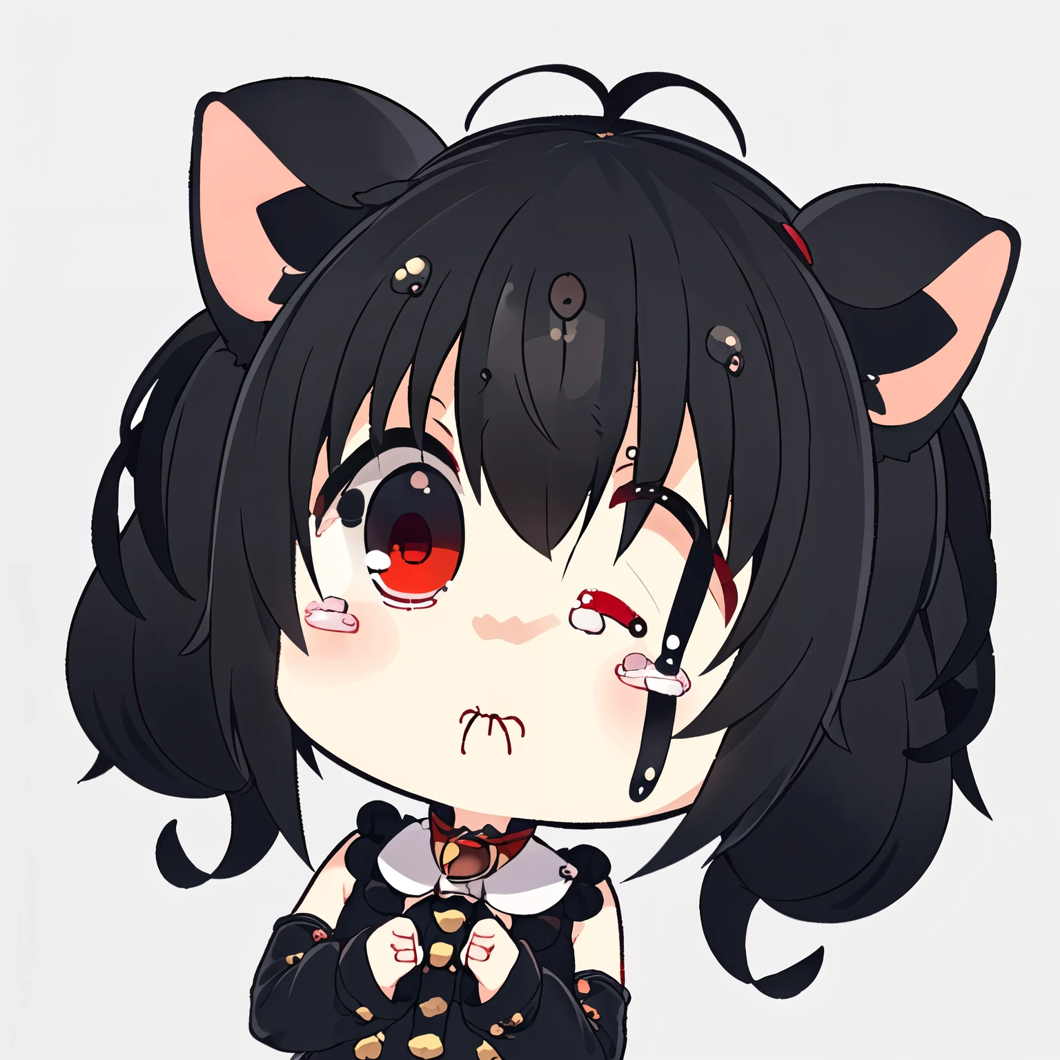 1girl, (chibi:1.4), ((sad expression, tears in the eyes, eyes closed, mouth open, many tears)), upper body, ((black pigtails with cat ears, red eyes)) , indoors