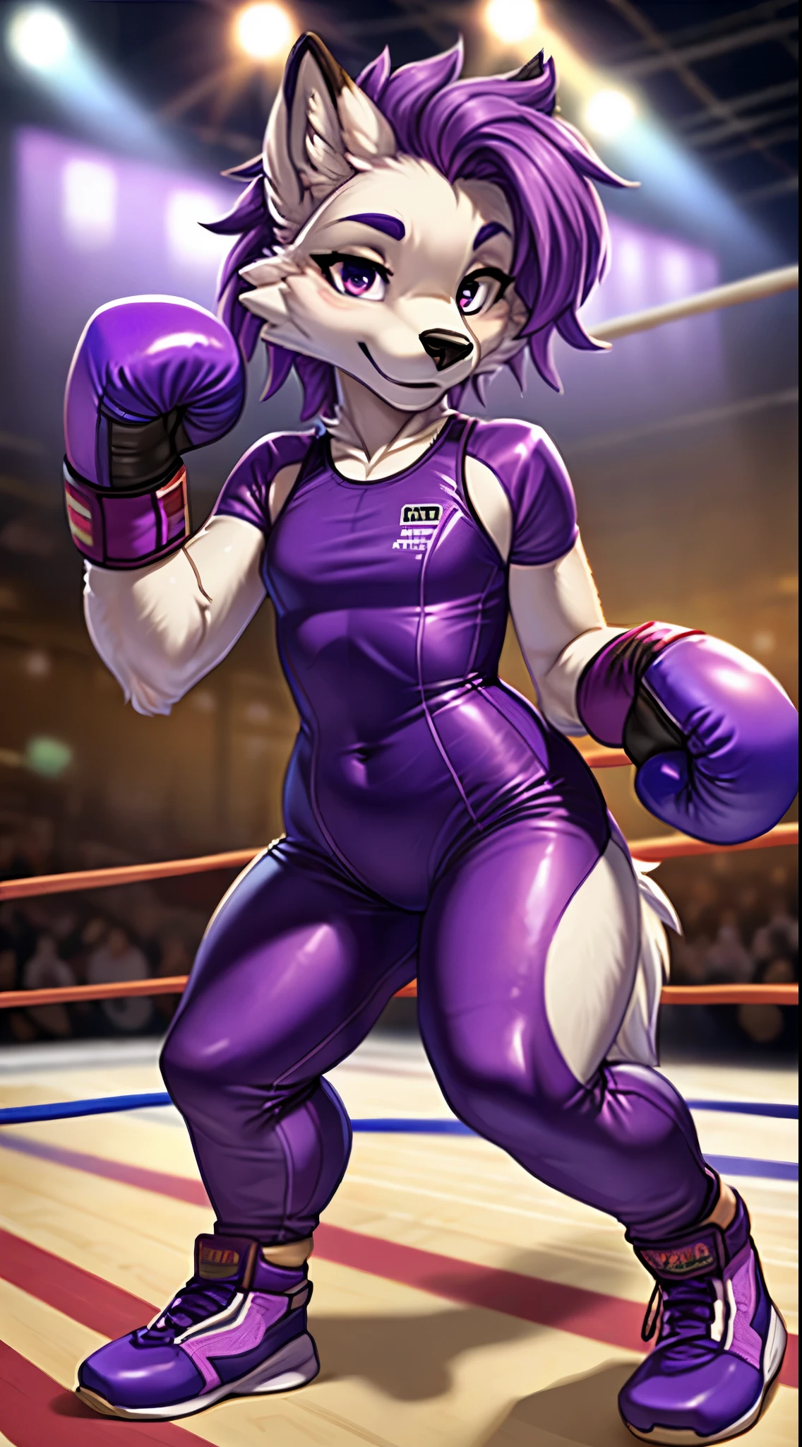 masterpiece, Best quality, arrogant wolf with white fur, young woman, purple hair, in a sexy purple boxing suit, wearing purple boxing gloves, standing in the boxing ring