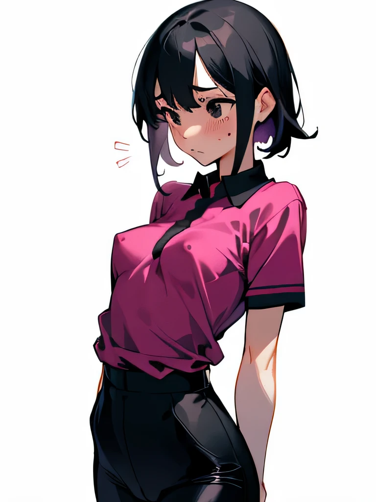 No bra, lower body, Japanese, very short, pubic hair, beautiful breasts, embarrassed, shyness, worries, beautiful breasts, black hair, outside, changing clothes, standing, arms, hands on nipples, magenta polo shirt, black pants, small breasts, black eyes