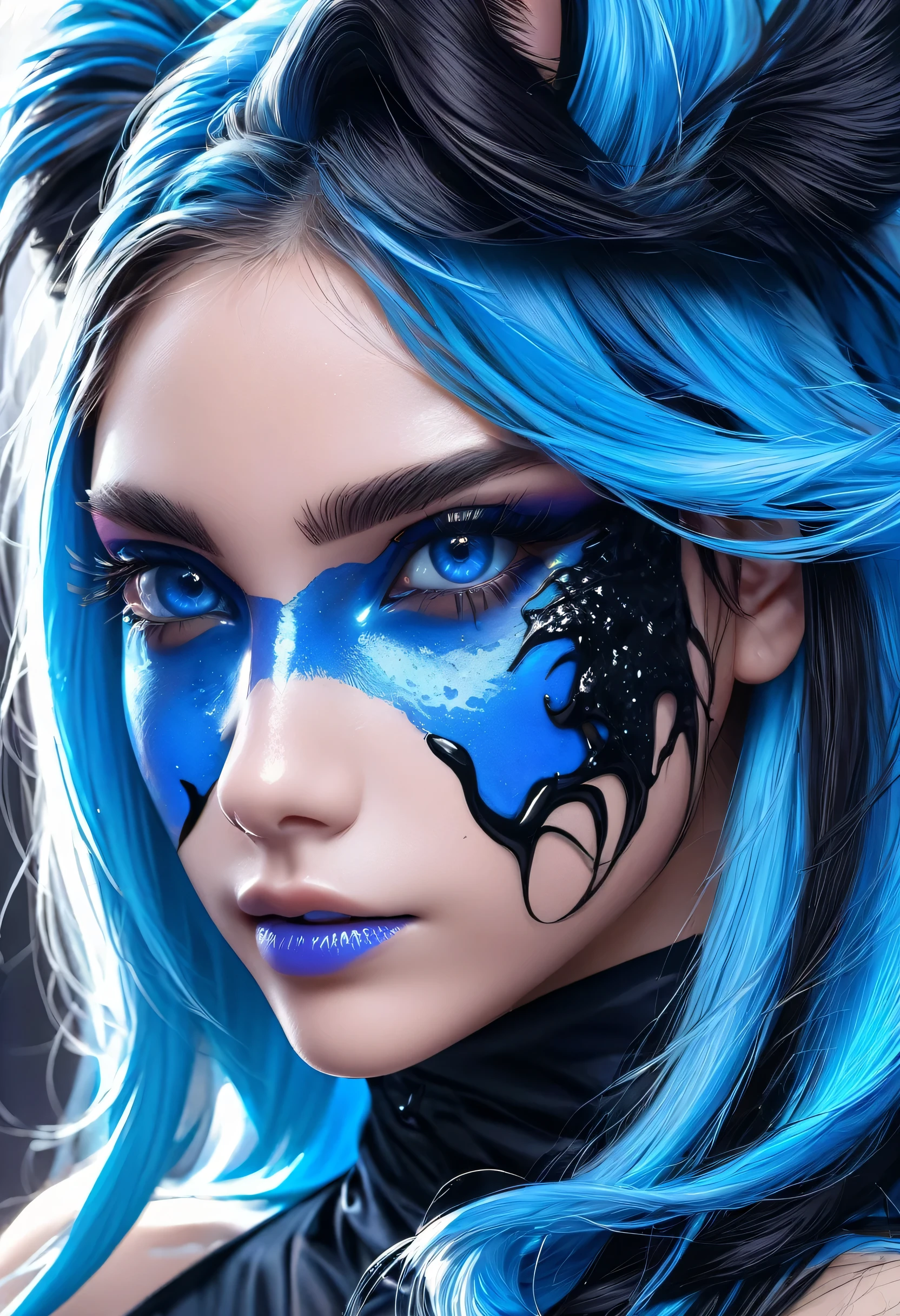 chica de pelo azul y ojos marrones con un slime y una pantera grande negra